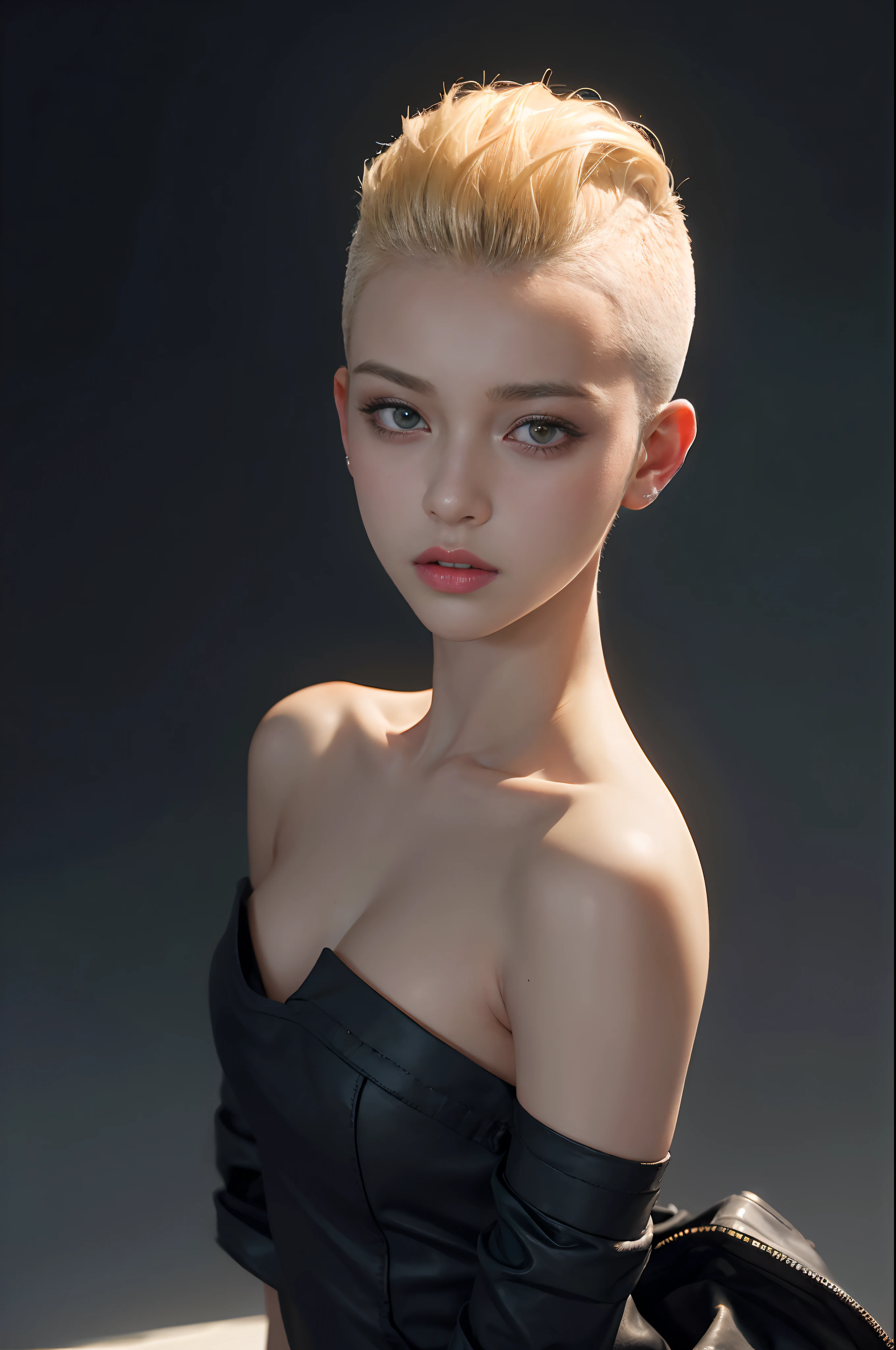 a 20 yo woman, blonde, (hi-top fade:1.3), dark theme, soothing tones, muted colors, high contrast, (natural skin texture, hyperrealism, soft light, sharp)