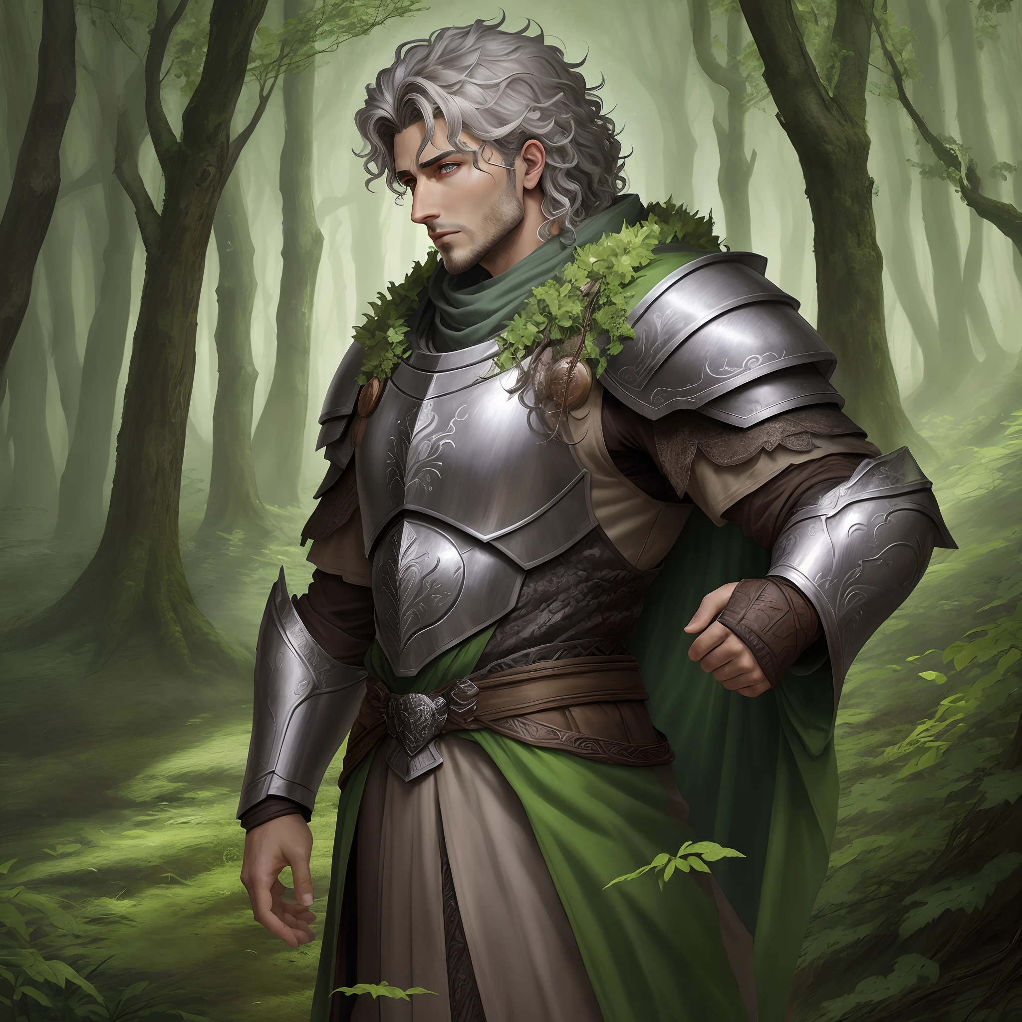 Male humans,a druid,Gray curls,Green eyes,Wear armor,The body is changing processes,Like a bear,Stand in the thick woods,Painting style: magic style,Half-body close-up,DND style