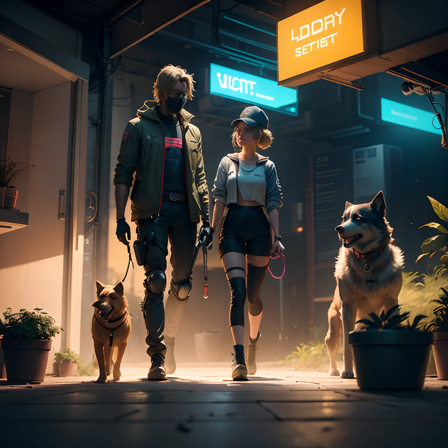 Generates a high-quality dystopian comedy movie movie movie shows a robot talking to a person who is a gardener in the background a dog Golden plays with a robot dog,Neon Style, digital art