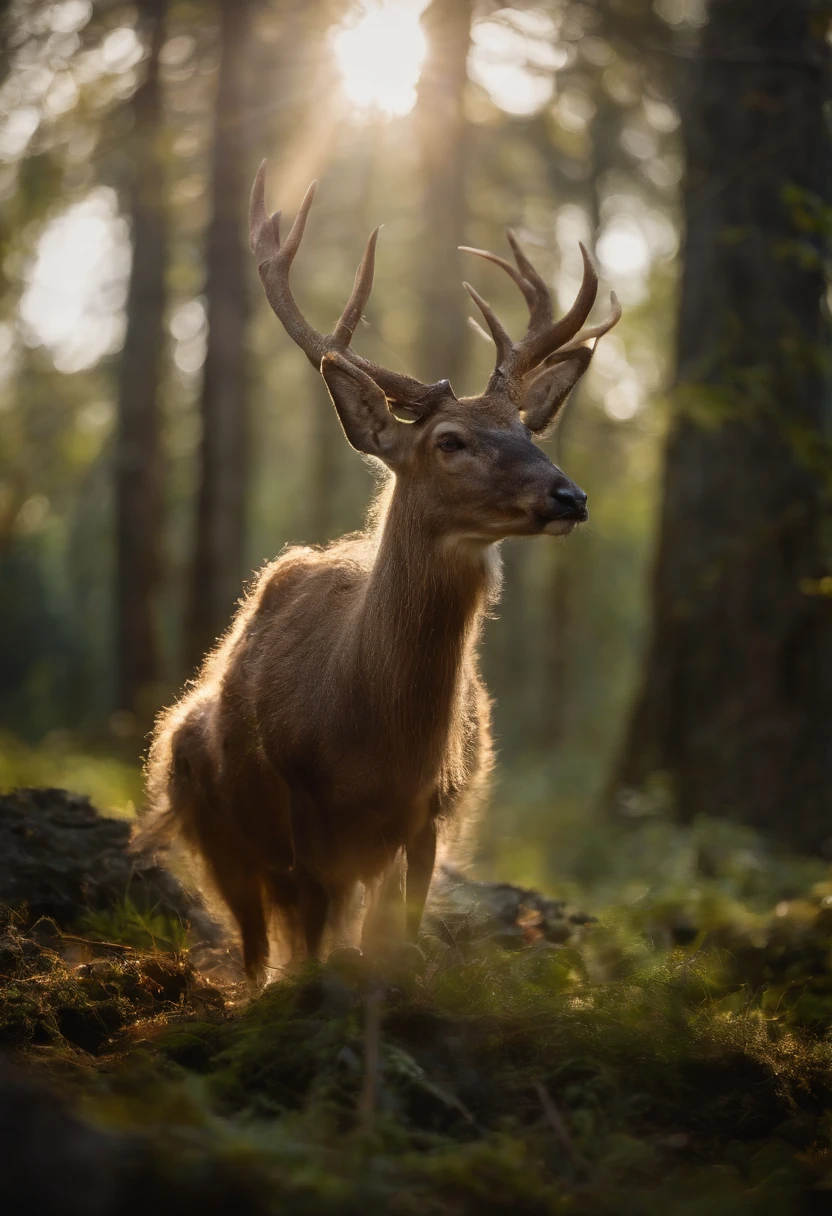 an enchanted forest,Magical creatures,glowing mushrooms,sparkling waterfalls,fantasy,Leonora Carrington,a fantasy forest,Hazy perspective,sunlight filtering through the trees,Glowing sika deer,