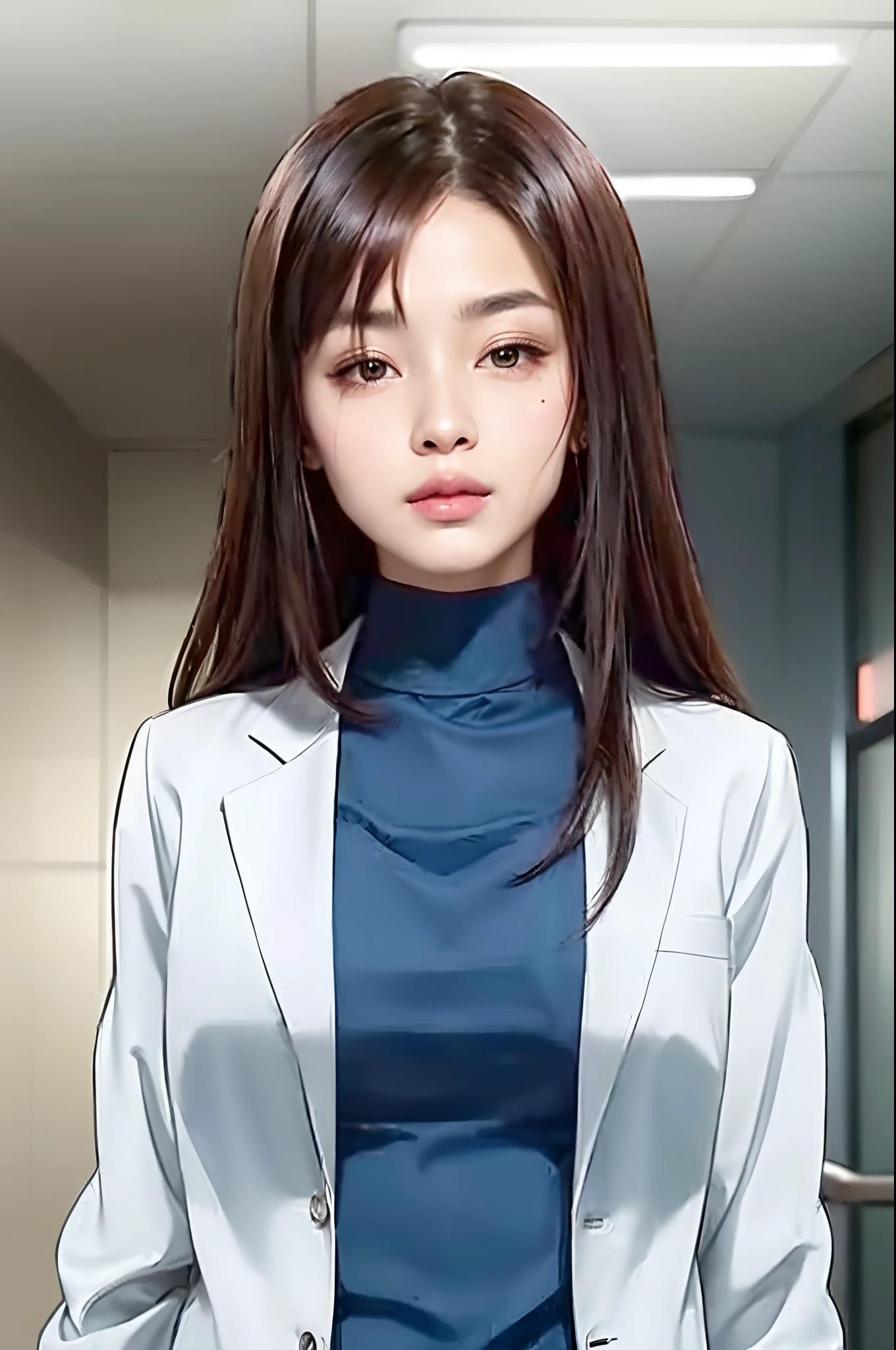 High quality image, masterpiece, detailed hair texture, detailed skin texture, detailed cloth texture, 8k, add fabric details, ultra detailed skin texture, ultra detailed photo, skin pores, cloth details, high skin details, realistic hair details, a woman in a white coat and blue top standing in a hallway, with a lab coat, wearing lab coat and a blouse