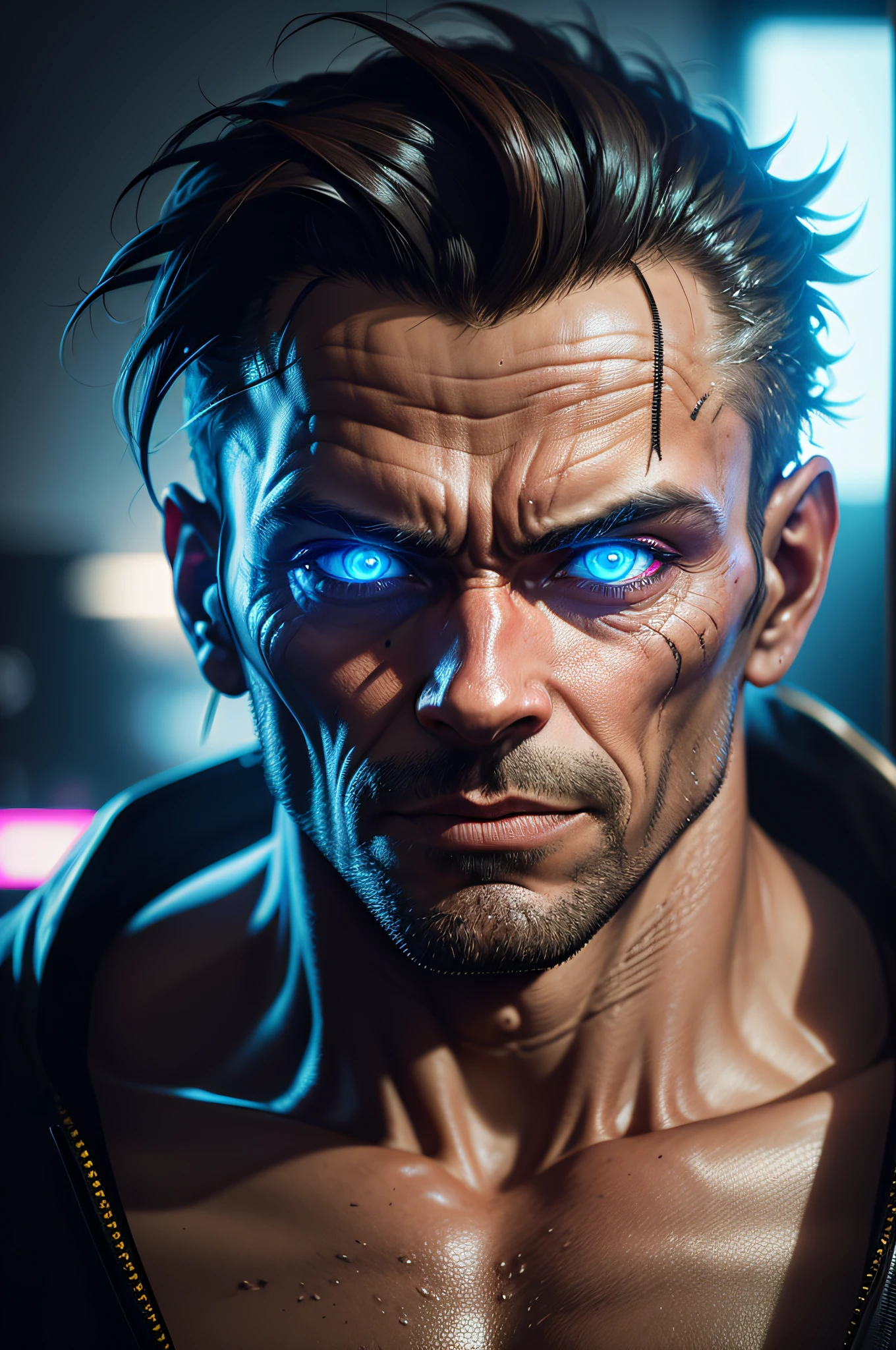 gloomy portrait of Zombie Wolverine from Marvel, extremely detailed, futuristic cityscape, nighttime, glowing neon lights, smoke, sparks, metal shavings, flying debris, blue energy effects, volumetric light
