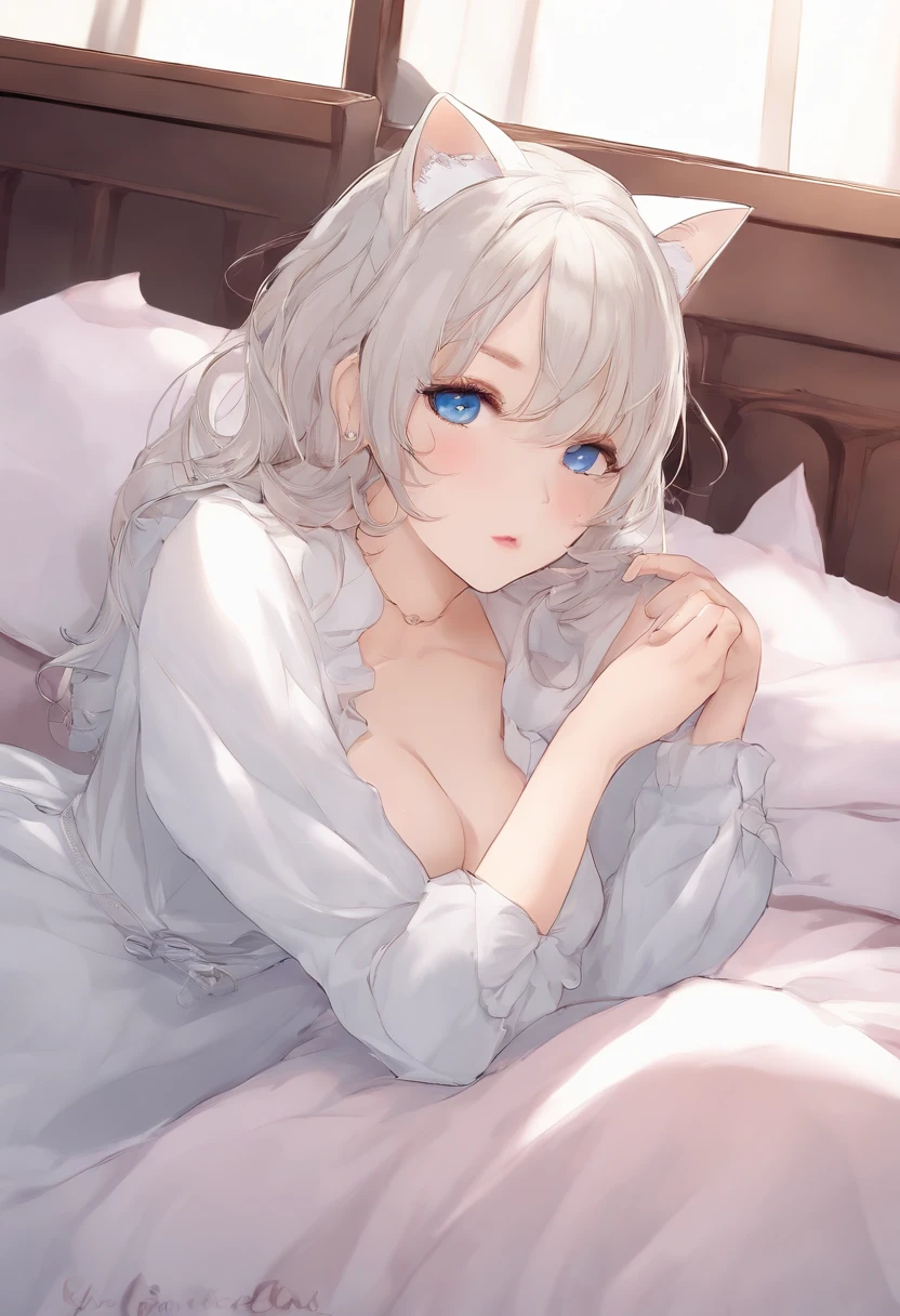 best quality, ultra precision, one girl, cute, , young, boyish, childish, small breasts, silver hair, cat ears, blue eyes, beautiful eyes, teen girl, asy, sailor collar, estrus, metestrus, start to undress, naughty mood, bed room, lying on bed, bare, she loves you, sexy, lost virgin, virgin, blush, beautiful skin, big bow on chest