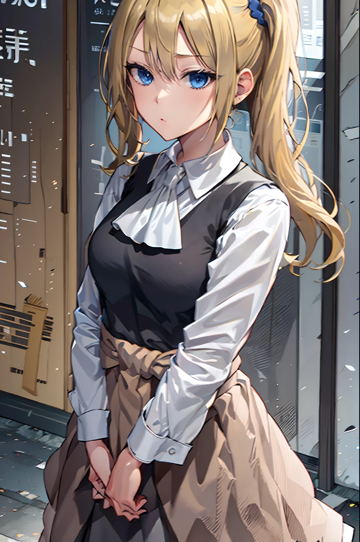 blonde hair, blue eyes, side ponytail, scrunchie blonde hair, blue eyes, long hair, single braid serafuku, sailor collar, dark blue skirt maid, long sleeves, black vest, white apron, ascot school uniform, cardigan around waist