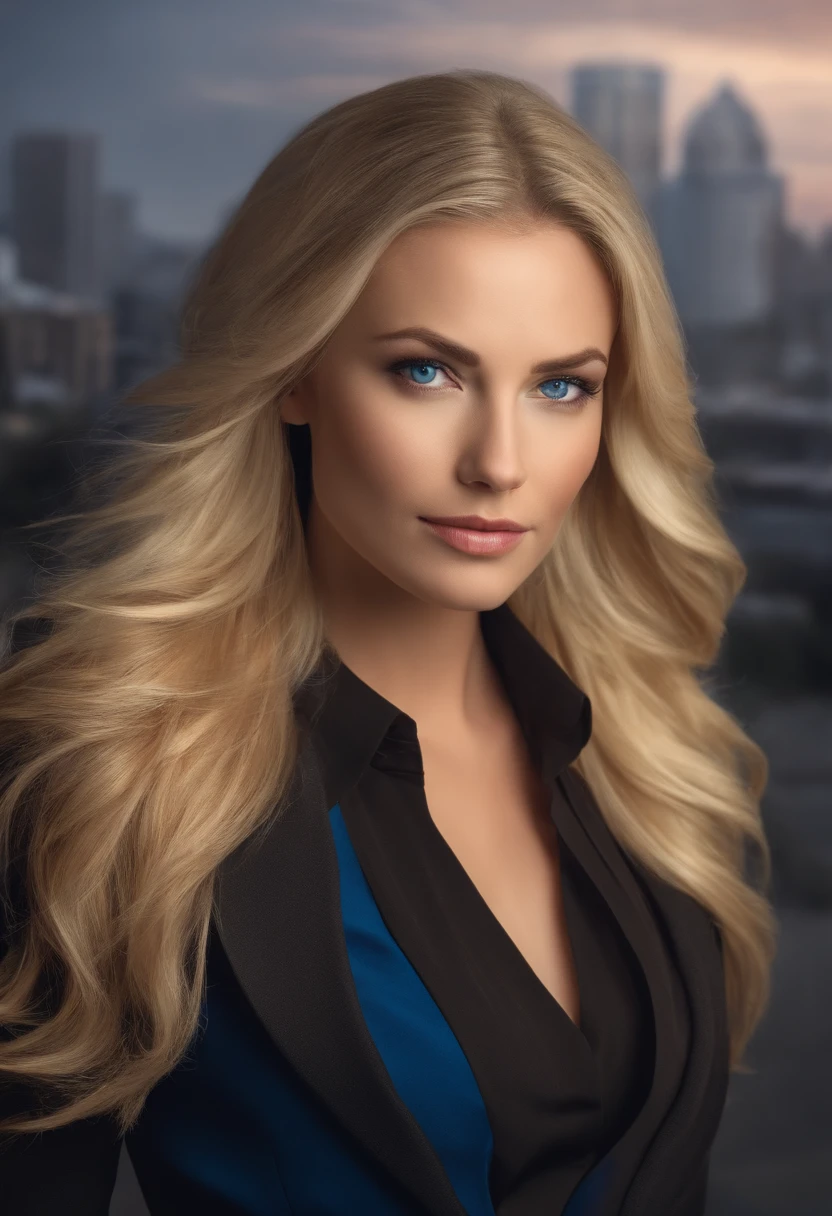 realistic blonde girl, mid 30's, beautiful, blue eyes, in a business attire