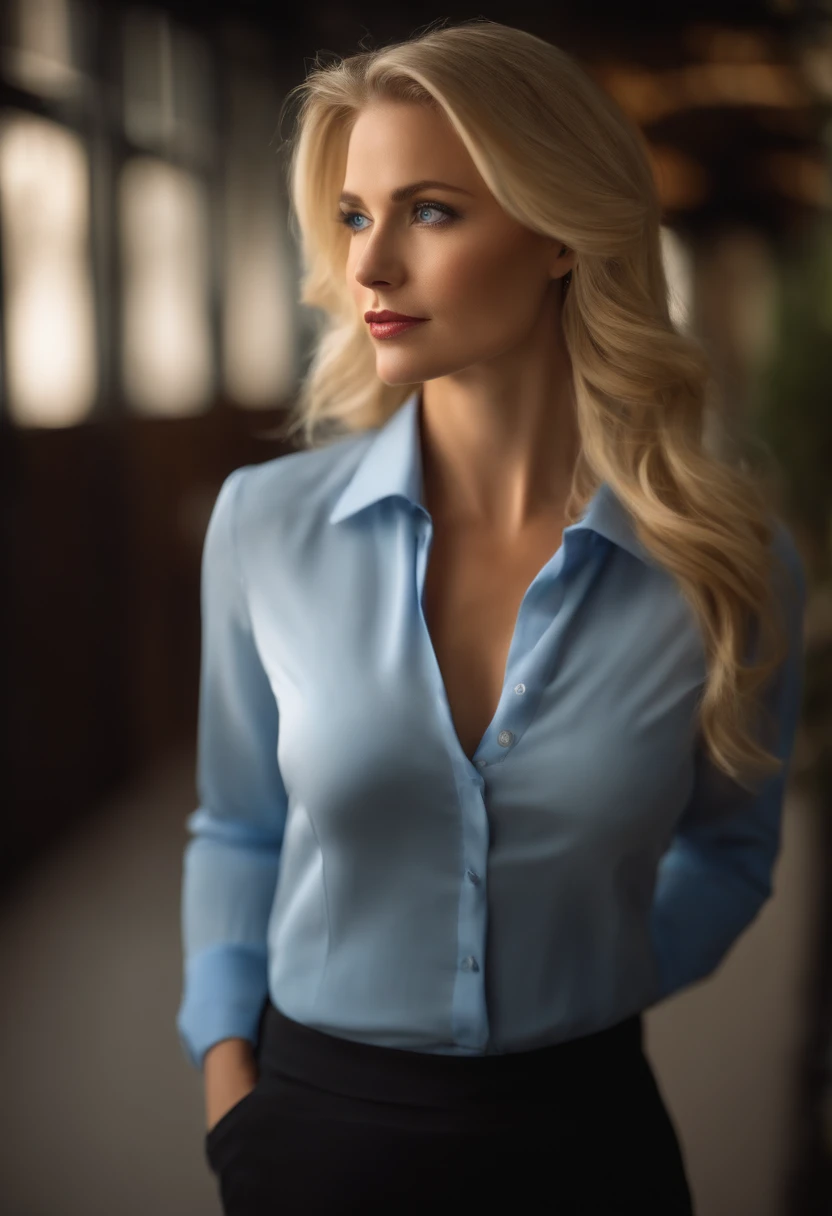 realistic blonde girl, mid 30's, beautiful, blue eyes, in a business attire