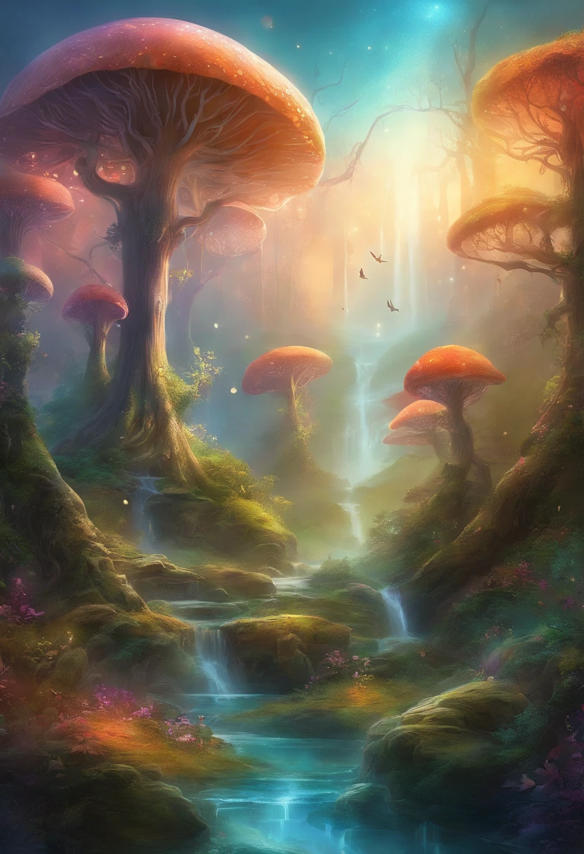 an enchanted forest,Magical creatures,glowing mushrooms,sparkling waterfalls,fantasy,Leonora Carrington,a fantasy forest,Hazy perspective,sunlight filtering through the trees,Glowing sika deer,