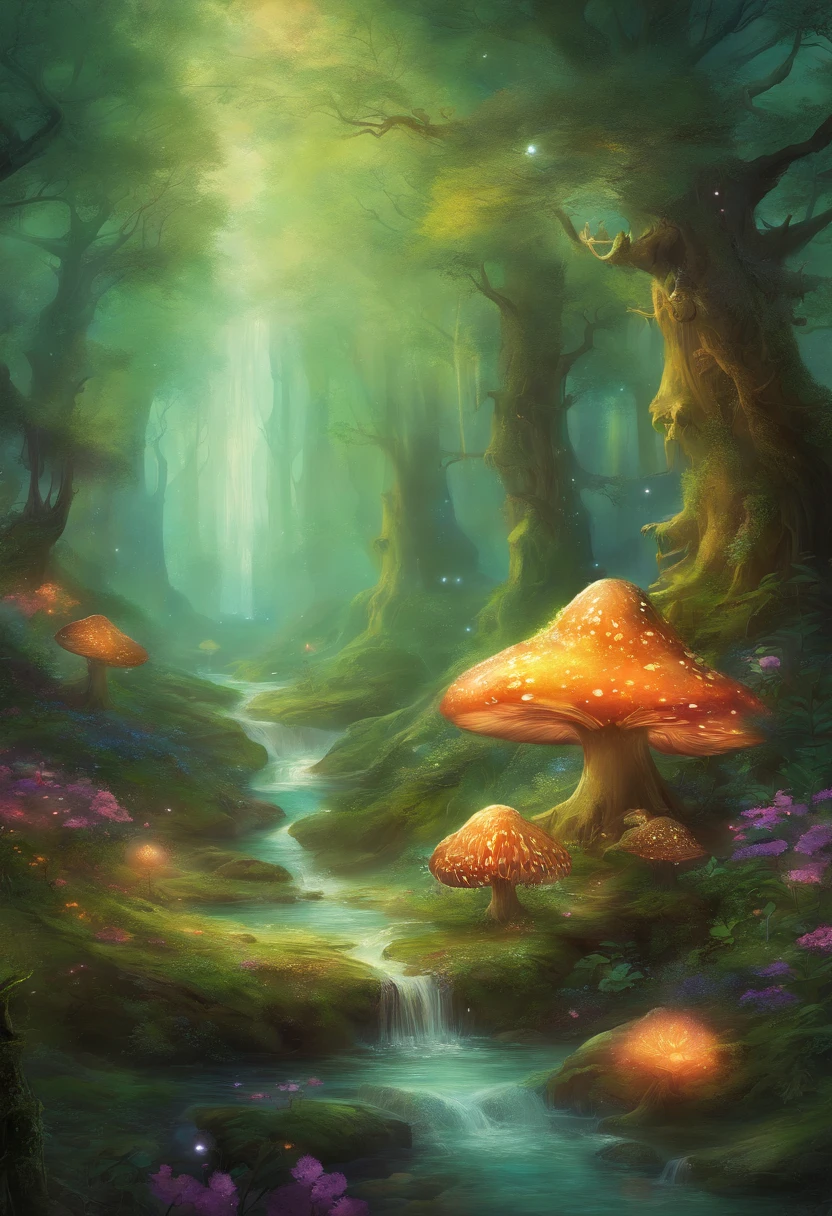 an enchanted forest，Magical creatures，glowing mushrooms，sparkling waterfalls，fantasy，Leonora Carrington，a fantasy forest，Hazy perspective，sunlight filtering through the trees，Glowing sika deer，