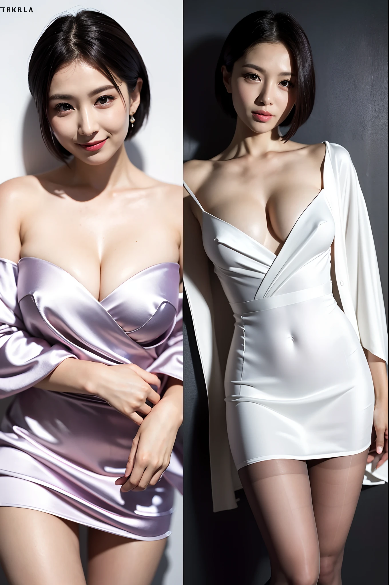Best Quality, masutepiece, High resolution, Naked、Wearing an ultra-thin silk robe、Robe Dress、(Sukesuke Dresses:1.2). Short layer bob hairstyle、Wearing ultra-realistic pantyhose、Smile of shame、game_nffsw, Raw photo, make - up、On Body, Tindall Effect, Realistic, Shadow Studio, Rim lighting, dual-tone lighting, (High Detail Skins: 1.2), 8K UHD, Digital SLR, Soft light, High quality, Volume Light, Sneak Shots, Photo, High resolution, 4K, 8K, Background blur, turned around、(Exposed thighs!!!),