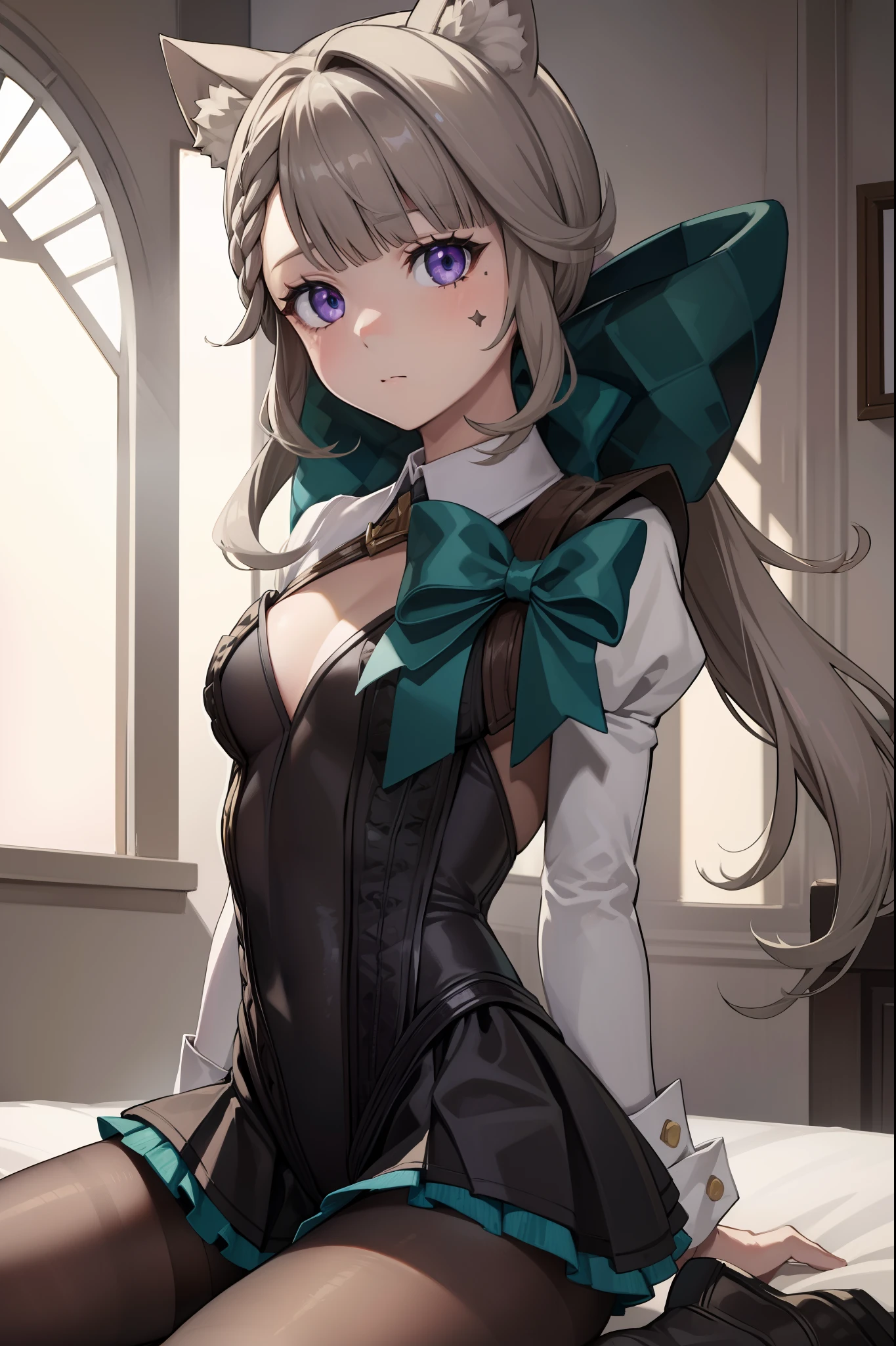 lynette, lynette, animal ear fluff, animal ears, cat ears, facial mark, hair bow, (purple eyes:1.1, brown hair, star, star on cheek,
BREAK bow, green bow, hat, leotard, long sleeves, miniskirt, pantyhose, 
BREAK looking at viewer, lying on bed, 
BREAK indoors,
BREAK (masterpiece:1.2), best quality, high resolution, unity 8k wallpaper, (illustration:0.8), (beautiful detailed eyes:1.6), extremely detailed face, perfect lighting, extremely detailed CG, (perfect hands, perfect anatomy),