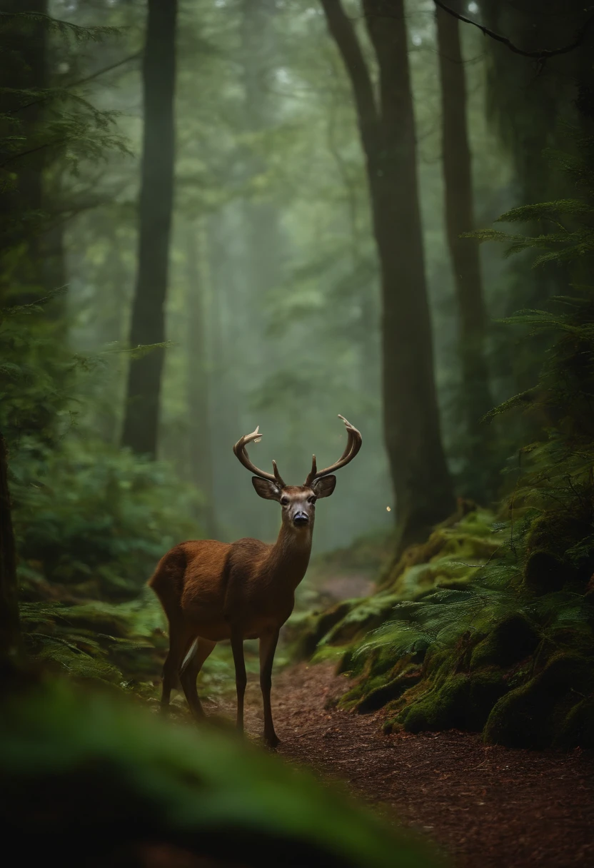 an enchanted forest，Magical creatures，glowing mushrooms，sparkling waterfalls，fantasy，Leonora Carrington，a fantasy forest，Hazy perspective，sunlight filtering through the trees，Glowing sika deer，
