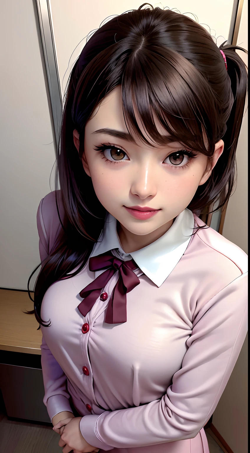 Black eyes, 1 woman, (Female)), Solo, Real, of the highest quality, Photorealistic, masutepiece, 8K, HDTV, Solo, HDTV Face, Soft lighting, Bedroom, ((Daytime)), skyporn, (looking in camera), (Portrait: 0.6), full bodyesbian, (Medium Hair), Ponytail, Brown hair, Floating hair, Lips, lip stick, Seductive smile, Floating hair, Smile, Open mouth, tusk, Eyelashes, Nogizaka 46, Fashionable Tada, Akari Suda, Idol, Beautiful Girl, ((uniform)), (((Standing))