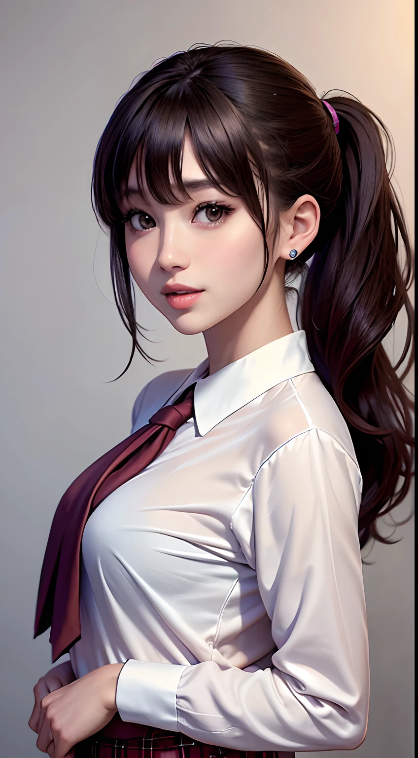 Black eyes, 1 woman, (Female)), Solo, Real, of the highest quality, Photorealistic, masutepiece, 8K, HDTV, Solo, HDTV Face, Soft lighting, Bedroom, ((Daytime)), skyporn, (looking in camera), (Portrait: 0.6), full bodyesbian, (Medium Hair), Ponytail, Brown hair, Floating hair, Lips, lip stick, Seductive smile, Floating hair, Smile, Open mouth, tusk, Eyelashes, Nogizaka 46, Fashionable Tada, Akari Suda, Idol, Beautiful Girl, ((uniform)), (((Standing))
