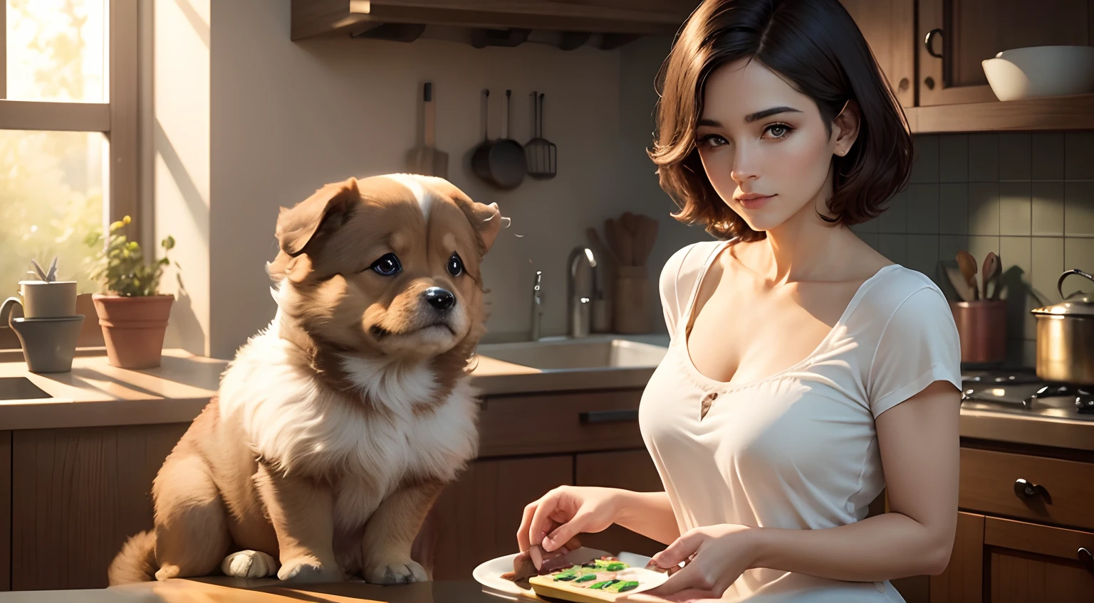 (Woman and puppy) (Beautiful delicate eyes and lips), (Best Quality, high resolucion, Masterpiece:1.2), Ultra-detailed, realisitic, Photorealistic:1.37, portrait of a, (The woman is) Baking cookies in a sunny kitchen, The plate is filled with green square cookies. (She is) He is smiling at the dog. (She) Naughty pet puppies are together. The puppy had brown fur. The woman has short hair.. Woman is wearing a shirt. There is a coffee bag on the table