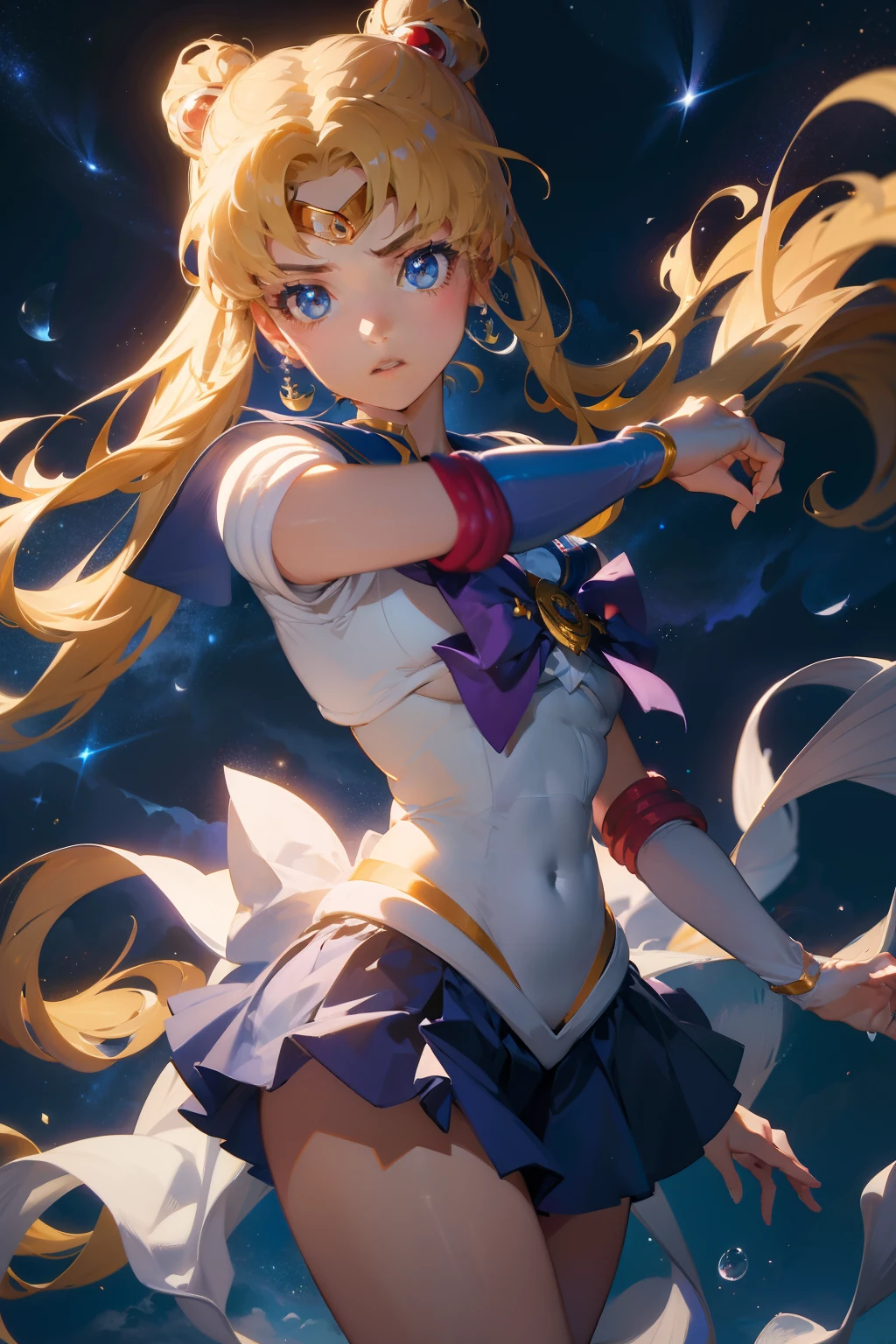 In the style of Stable Diffusion, create a mesmerizing and enchanting artwork inspired by "Sailor Moon", featuring the iconic characters in a dynamic pose. Emphasize their unique hairstyles, vibrant costumes, and expressive eyes. Surround them with a celestial background, capturing the magical essence of the Sailor Moon universe.