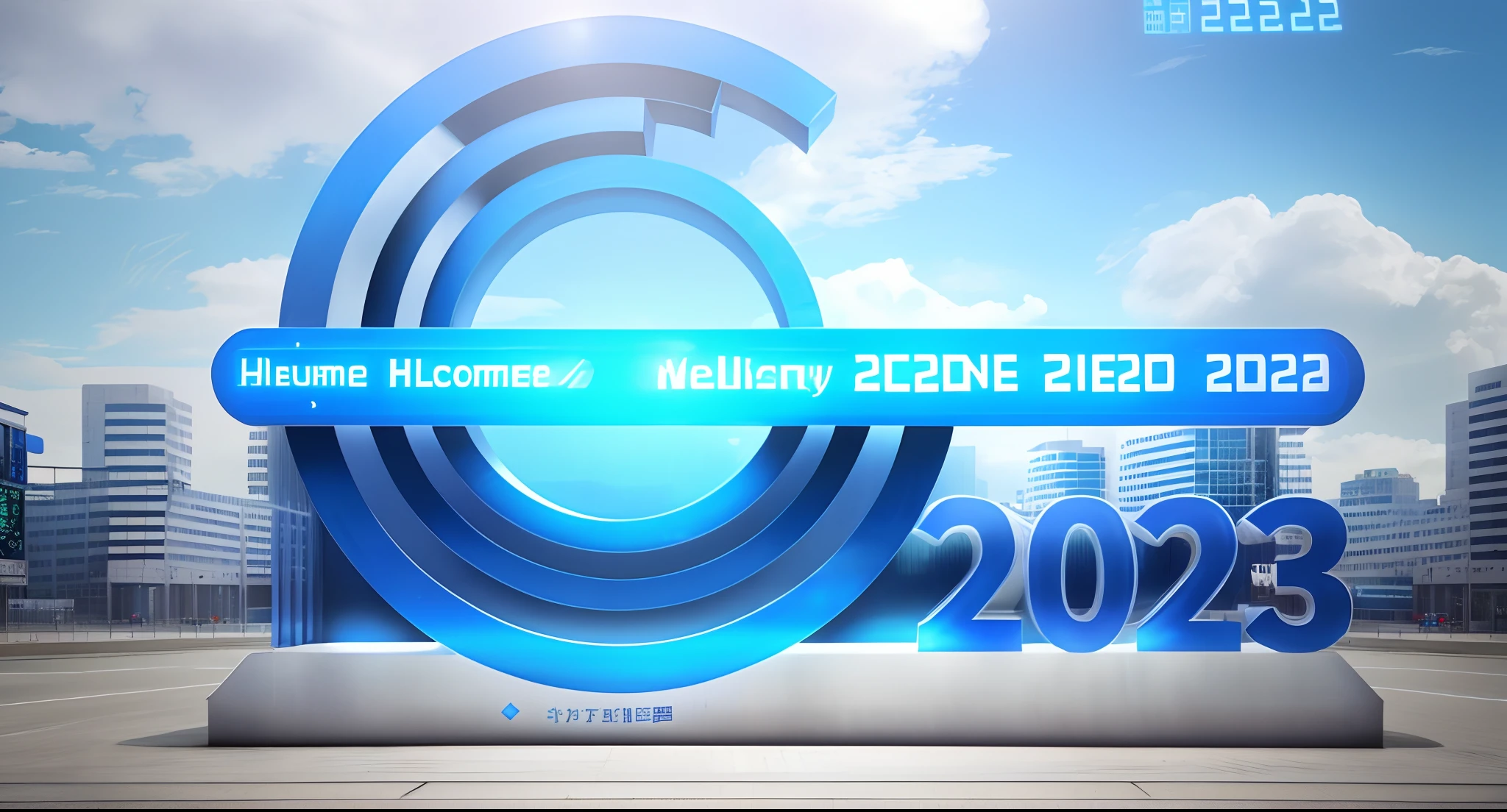 A huge blue sign,It reads "Welcome to 2023". The sign is designed to welcome visitors and convey hospitality, experiment, urbanization, Realistic blue sky background, Futuristic technology, Minimalism, 8K 3D