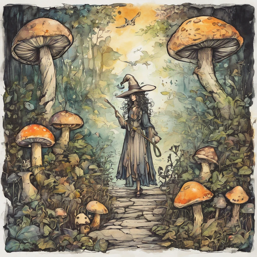 Arthur Rackham style illustration, watercolor, a witch, a frog, snails, plotting mischief, In the dark forest, strange mushrooms,