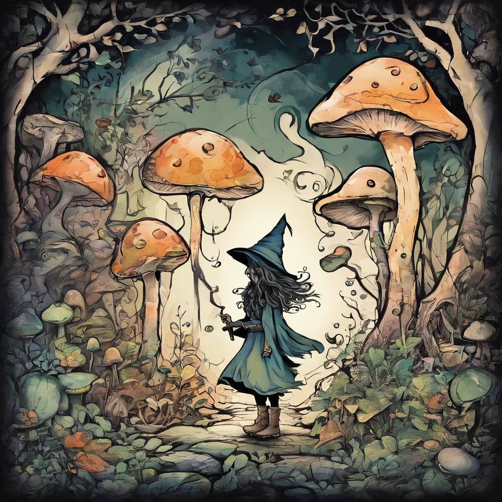 Arthur Rackham style illustration, watercolor, a witch, a frog, snails, plotting mischief, In the dark forest, strange mushrooms,