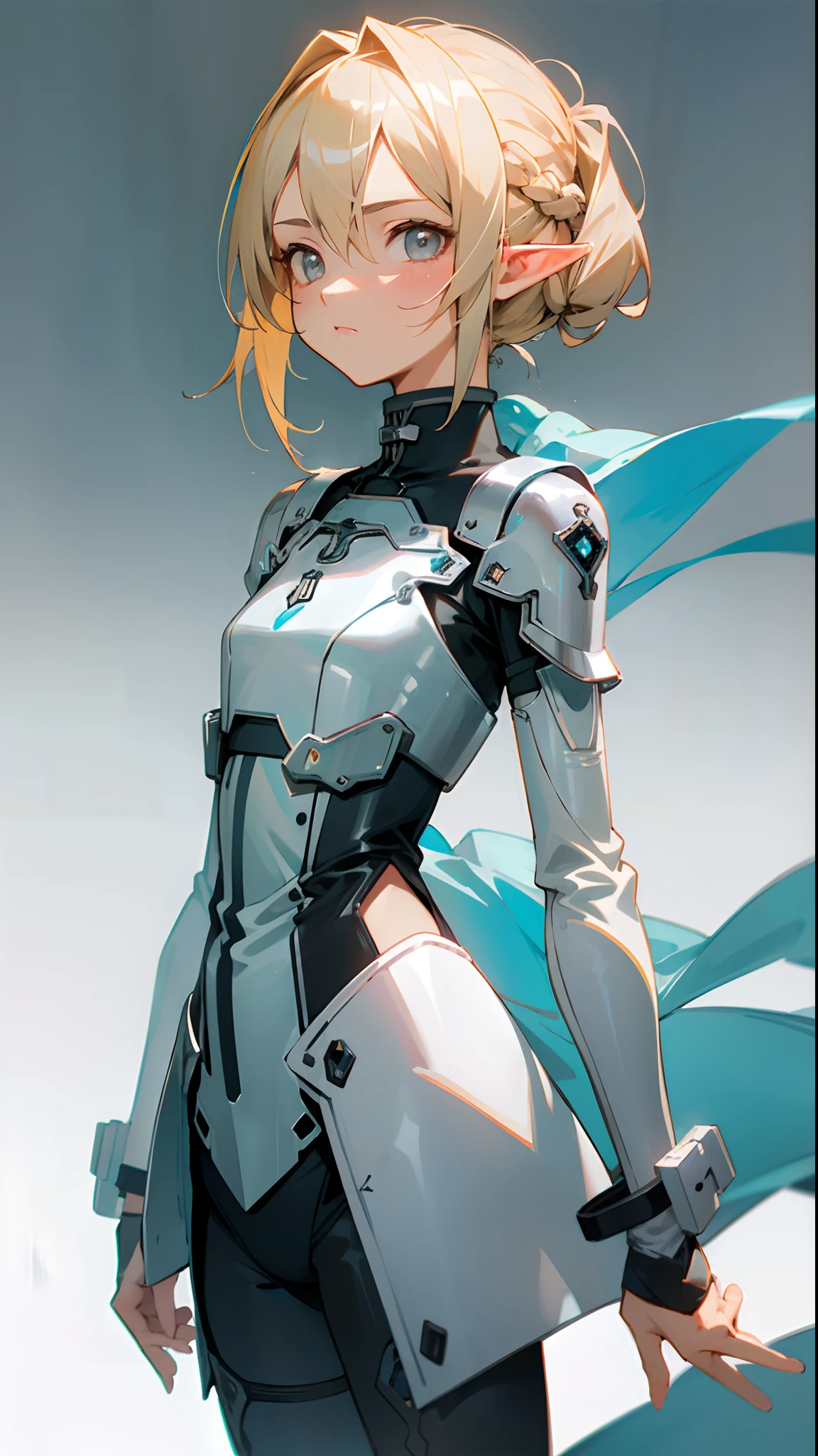 (masterpiece, best quality )detailed, 1Character ,  pastel washed out colors , cell shade , soft, muted shades ,gentle colors , blue archive art style

Battle:
Wearing a mix of sword art online and futuristic style clothes , Mature woman  woman , light skin , silver eyes , blonde hair , elf ears , small chest , hair in an up-do style , smaller more mature eyes , age 26