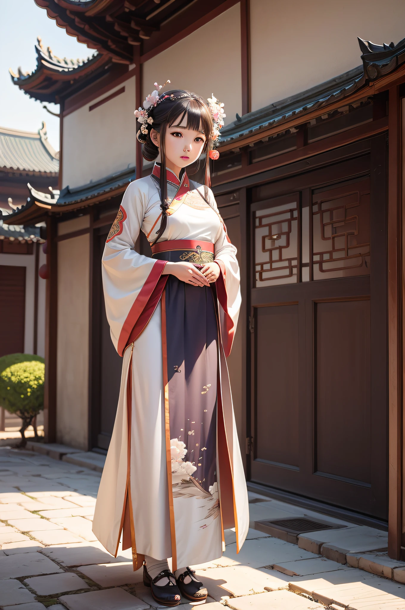 a beauty girl ,wear gorgeous hanfu, Chinese style buildings, landscape