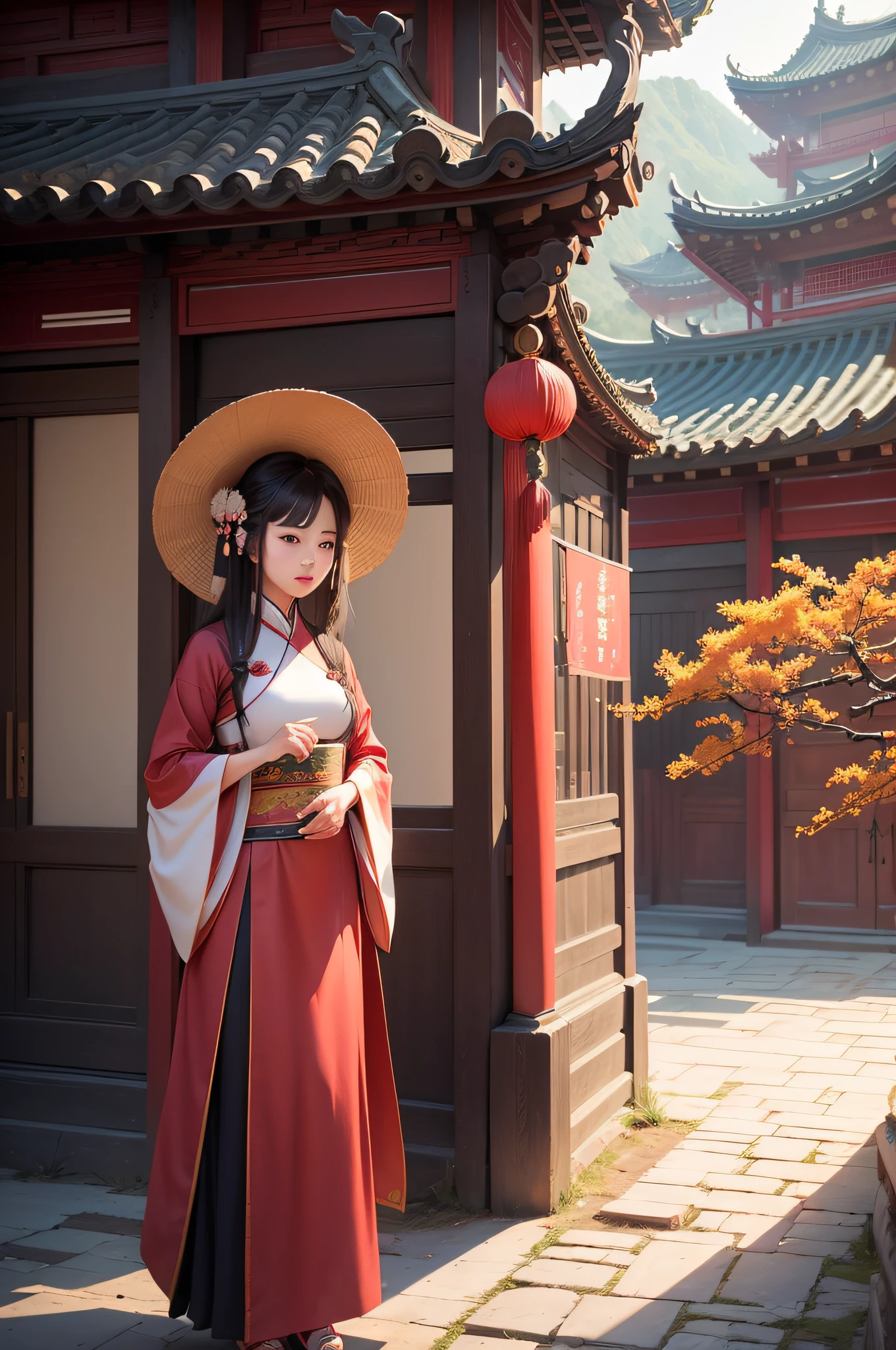 a beauty girl ,wear gorgeous hanfu, Chinese style buildings, landscape