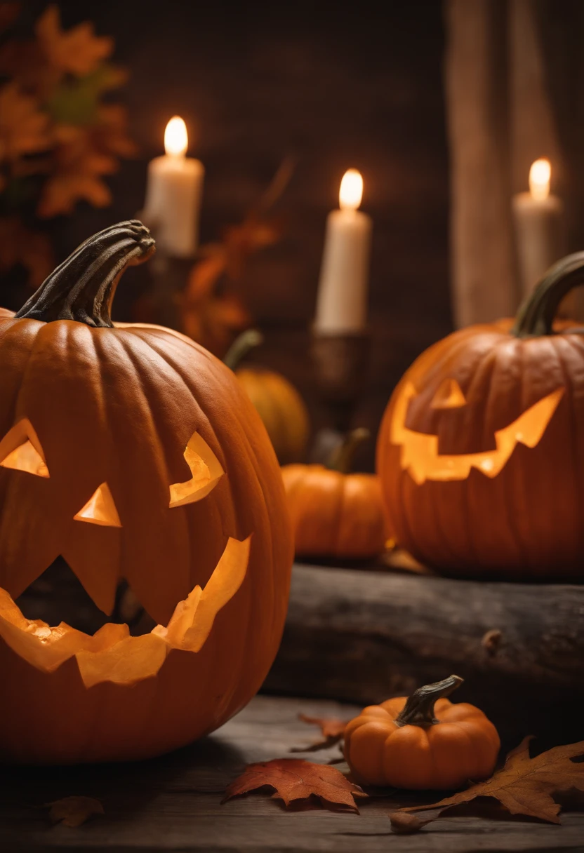 "A vibrant, spooky scene featuring two Halloween pumpkins placed side by side on a rustic wooden table. Each pumpkin is carved with a unique, expressive face: one has a classic, jagged grin with sharp, menacing teeth and glowing eyes, while the other has a more whimsical, playful expression with a wide, crooked smile and large, round eyes. The pumpkins are illuminated from within by flickering candles, casting a warm, orange glow that highlights the intricate details of their carvings. Surrounding the pumpkins are scattered autumn leaves and small, decorative skulls, adding to the festive atmosphere. The background is softly blurred with a deep, dark color to keep the focus on the pumpkins, enhancing their vivid orange color and the intensity of their glowing faces. The scene is completed with a subtle mist that adds a hint of spookiness, creating an inviting yet eerie Halloween ambiance."