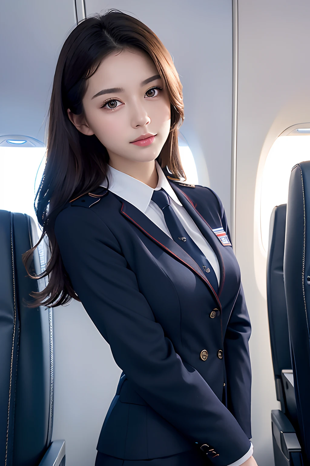 (Highly detailed CG Unity 8k wallpaper, of the highest quality, Ultra-detailed, High resolution, masutepiece, Realistic, Photorealistic:1.5), (cute Japanese girls), extra detailed face, Face Focus, Beautiful detailed eyes, Eye focus, (Detailed background), detailed  clothes, super detailed skin, BREAK, Flight attendant, uniform, Planes, Provision of services to passengers, Provide safety precautions, Response to emergencies, BREAK, Midi wavy hair, Brown hair, Floating hair, medium breasts⁩, medium ass, (make up), (Adorable smile:1.3), (POV:1.6),