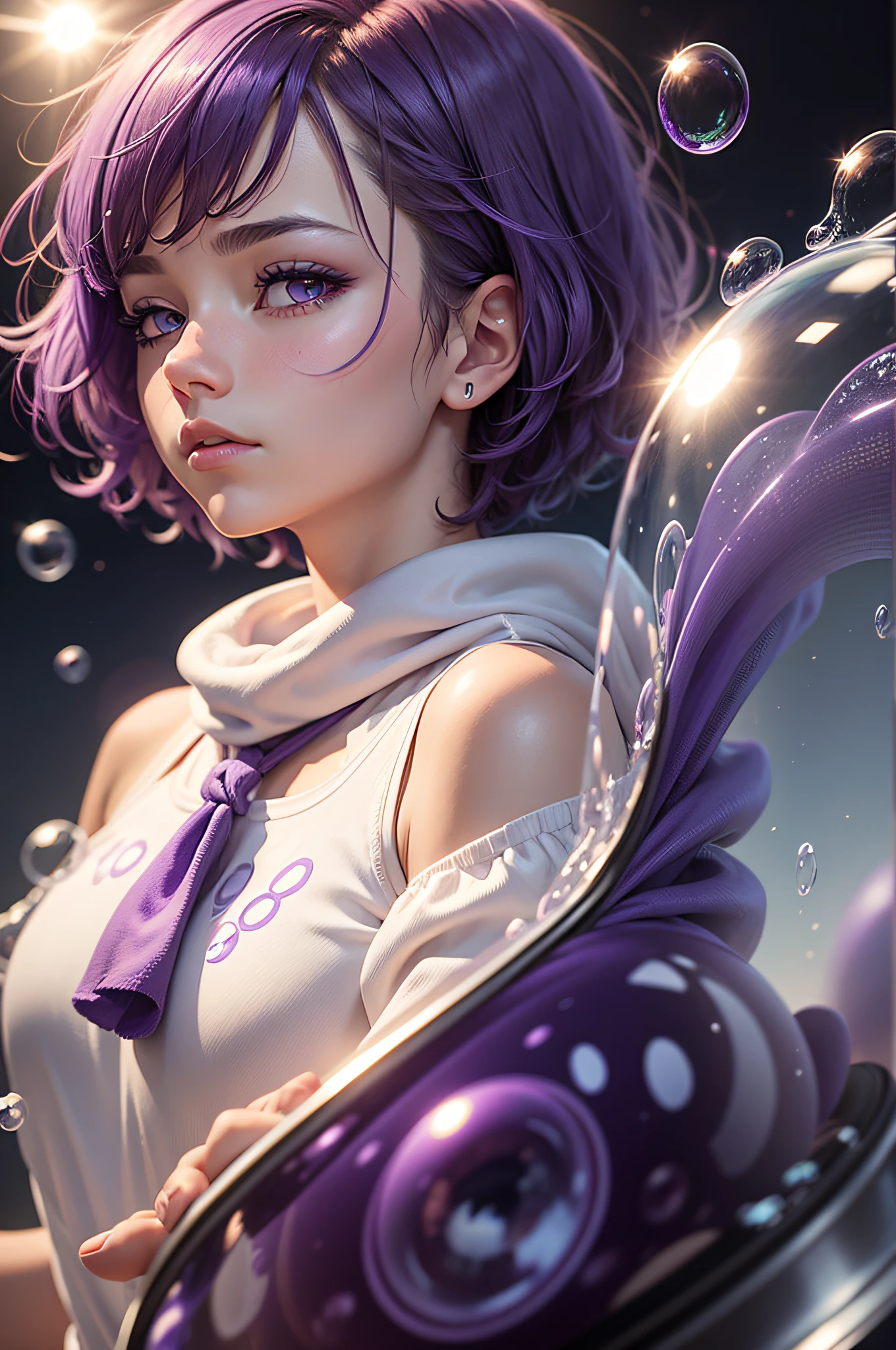 solo, 1girl, purple eyes, purple hair, bubble, looking at viewer, portrait, half-closed eyes, short hair, closed mouth,shiny bubbles,bubbles, colour shining in bubble, reflective bubbles,bubbles ,bubbles all around, turning into bubble