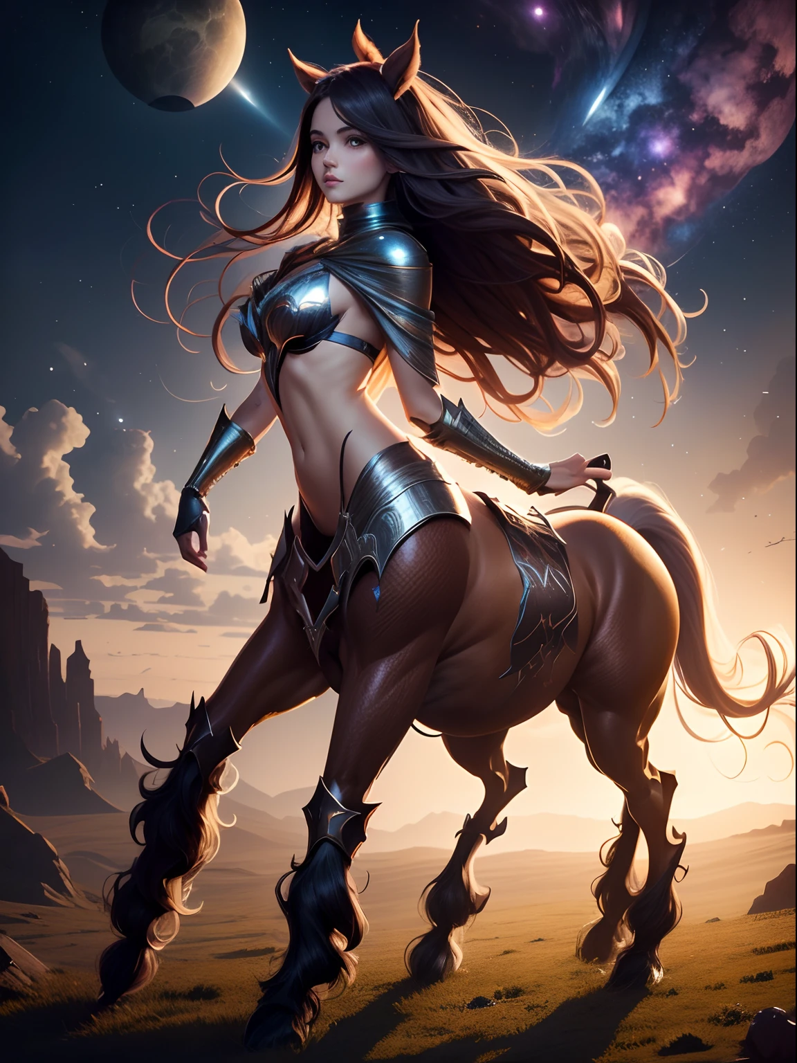 A cosmic traveler with a majestic cloak, wearing a nebula cloak that is filled with stars. The cloak has a galactic silhouette that envelops the figure, creating a sense of mystery and awe. The traveler's cloak is intricately detailed, showcasing the beauty of the universe. The figure is a centaur, combining the grace and power of a horse with the wisdom and strength of a human. The image is of the highest quality, with ultra-detailed and realistic rendering. The colors are vibrant and vivid, with a wide range of hues inspired by the cosmic palette. The lighting is atmospheric, with soft shadows and highlights that accentuate the figure and the cloak. This artwork captures the essence of the cosmic journey, inviting the viewer to explore the wonders of the universe.
