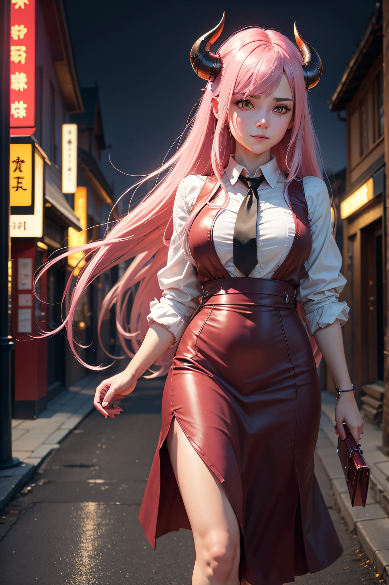 1girl, long pink hair, red horns, white collared shirt, black necktie, light smile, yellow eyes, corneo_power,, buildings,shops,town streets, dark sky, scenery,neon signs,night city, japanese lyrics,, , absurdres, detailed eyes, extremely detailed, volumetric lighting, realistic, realistic lighting, 8k, cinematic lighting, depth of field, perfect, hyper-detailed, photorealistic, ultra realistic, realistic light, hard lighting, intricate details, stop motion, tonemapping, sharp focus, hyper detailed,