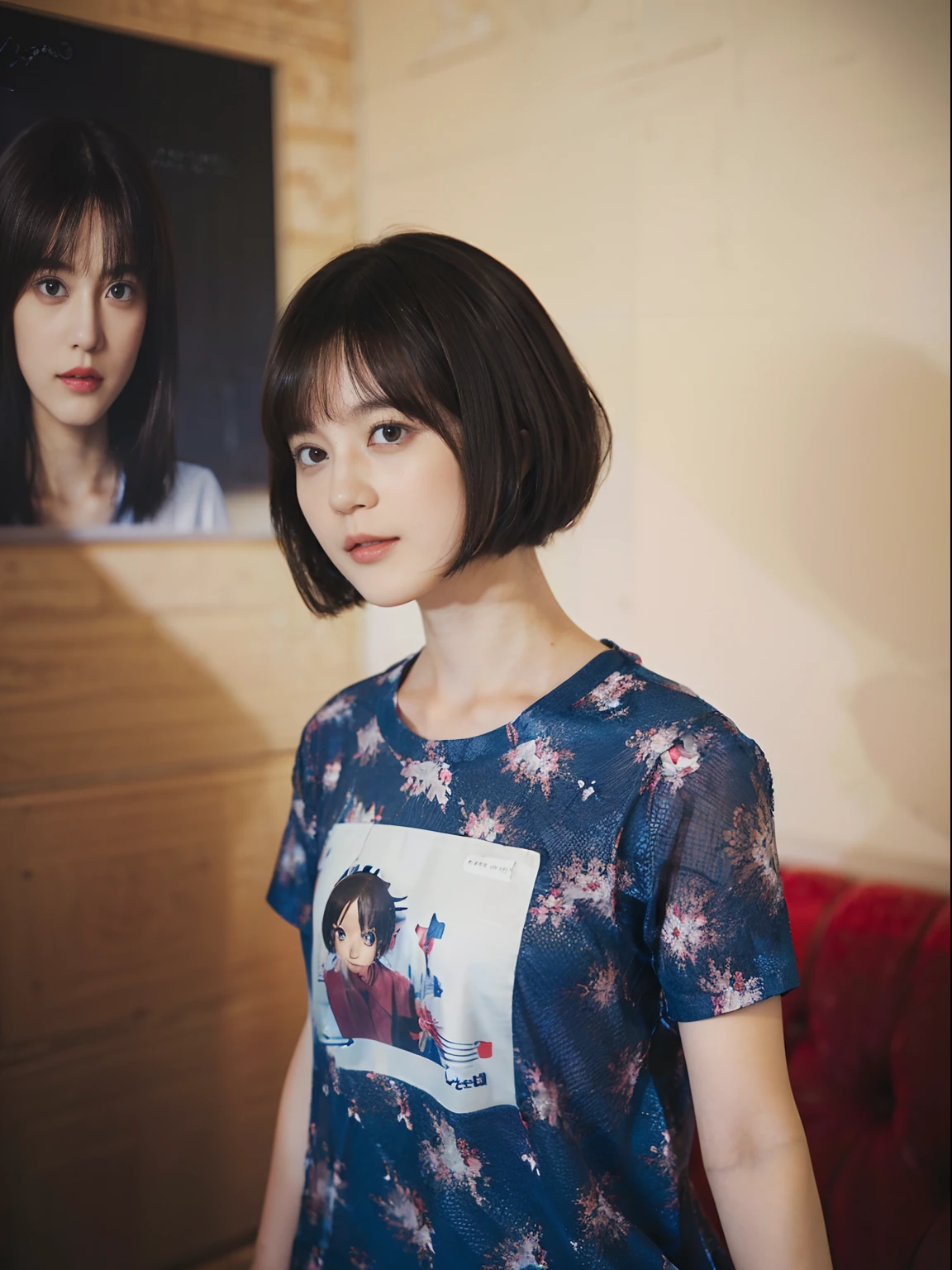 22
(Shorthair:1.3), (a 20 yo woman), (A hyper-realistic), (masutepiece), (8KUHD), Focus on the face, (The walls of the room are fractal art:1.23),
Graphic T-shirt with anime characters printed