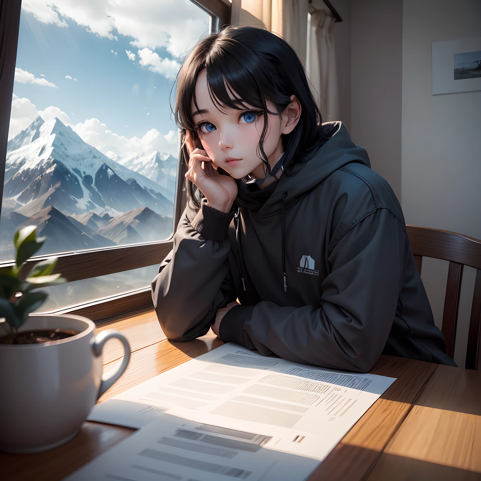 Blue eyes、long, wavy black hair、a beauty girl
