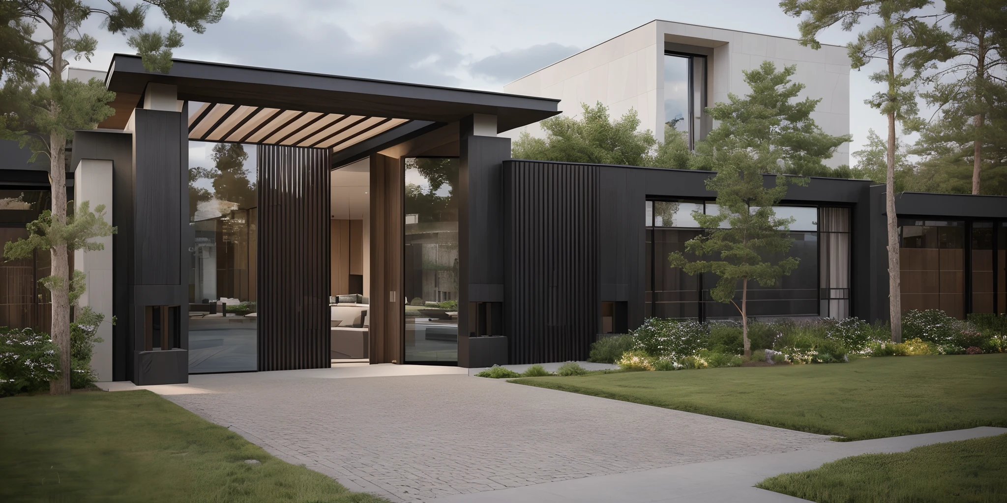 (masterpiece),(high quality), best quality, real,(realistic), super detailed, (full detail),(4k),8k,modern house exterior design,Modern architecture,Beautiful_sky,Day light, no_humans, outdoors,sky,tree,Garden flower front of building,