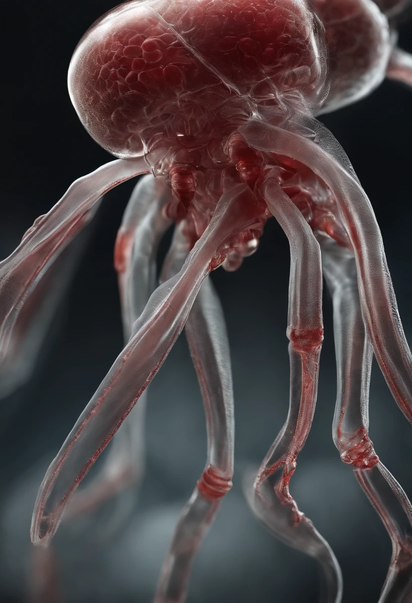 Transparent creature with red blood, Be observed in a laboratory by scientists,illustration,Ultra-detailed,high resolucion,Realstic, Portraits, Couleurs vives,studio lighting,mise au point nette,Rendu physique,Creature Anatomy,recherche scientifique, Microscopes, Blood Samples, Laboratory Equipment, Regard intense des scientifiques, Fascination scientifique, artistic depiction, Exploration scientifique, Contrasting colors, Soft Light, Dismal atmosphere, Intricate details, Detailed textures