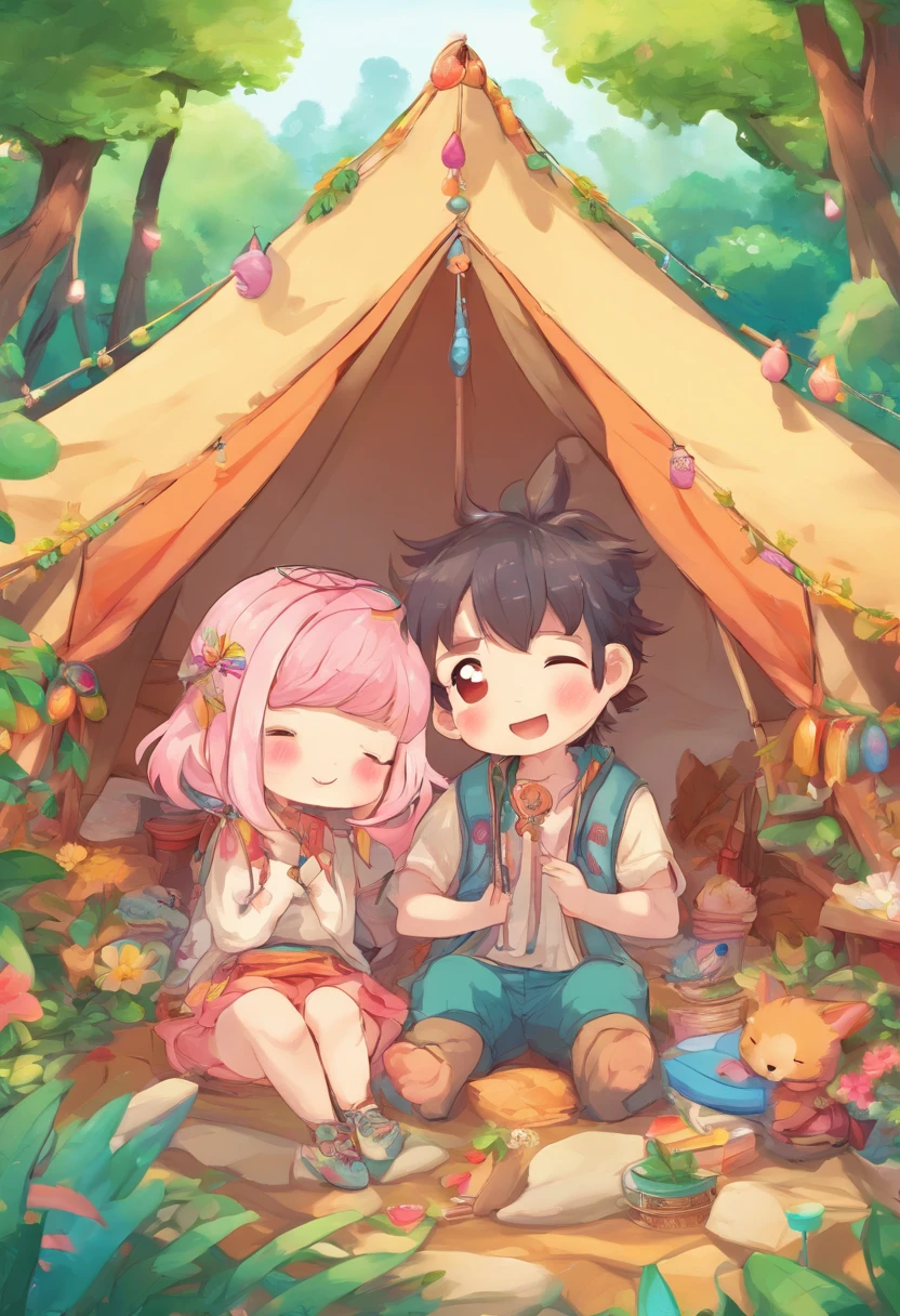 Kawaii tribe couple in a tent in a forest