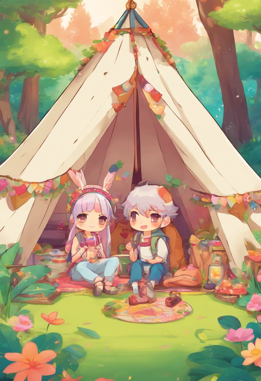 Kawaii tribe couple in a tent in a forest