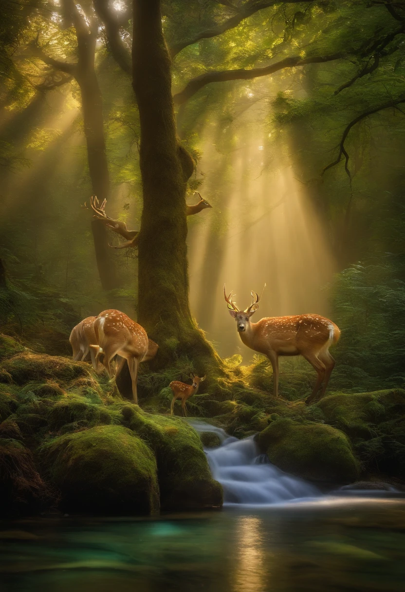 an enchanted forest,Magical creatures,glowing mushrooms,sparkling waterfalls,fantasy,Leonora Carrington,a fantasy forest,Hazy perspective,sunlight filtering through the trees,Glowing sika deer,