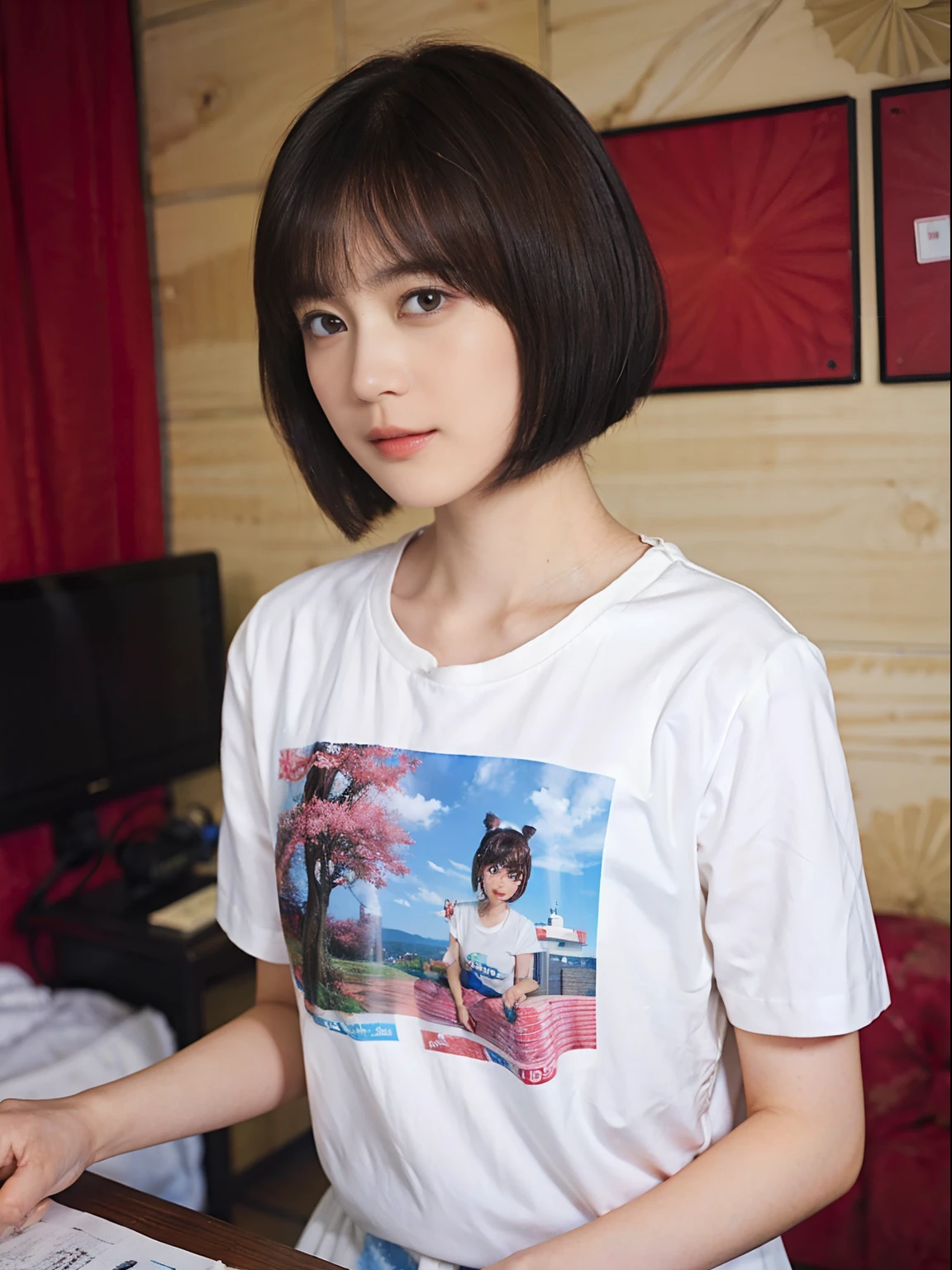 22
(Shorthair:1.3), (a 20 yo woman), (A hyper-realistic), (masutepiece), (8KUHD), Focus on the face, (The walls of the room are fractal art:1.23),
Graphic T-shirt with anime characters printed