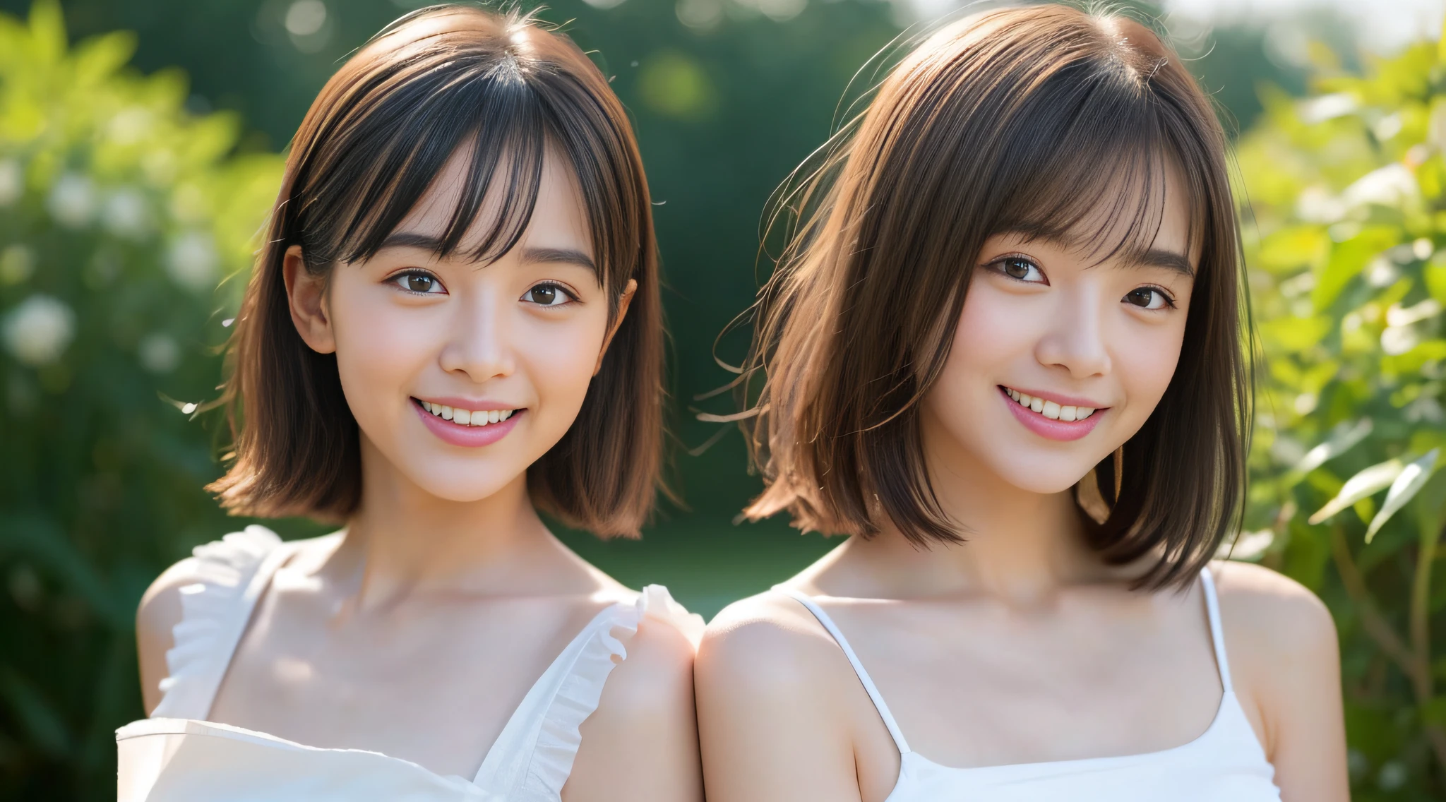 Neat college girl、full bodyesbian、ite person、(long white silk camisole、white  panties)、outside the field、(MuCoi、small tit、flat boobs、small boobs)、Photorealsitic、detaileds, Skin texture, ultra - detailed、delicate sexy collarbone、A smile、Super detailed face、Detailed lips、A detailed eye、二重まぶた、10-ar-girls