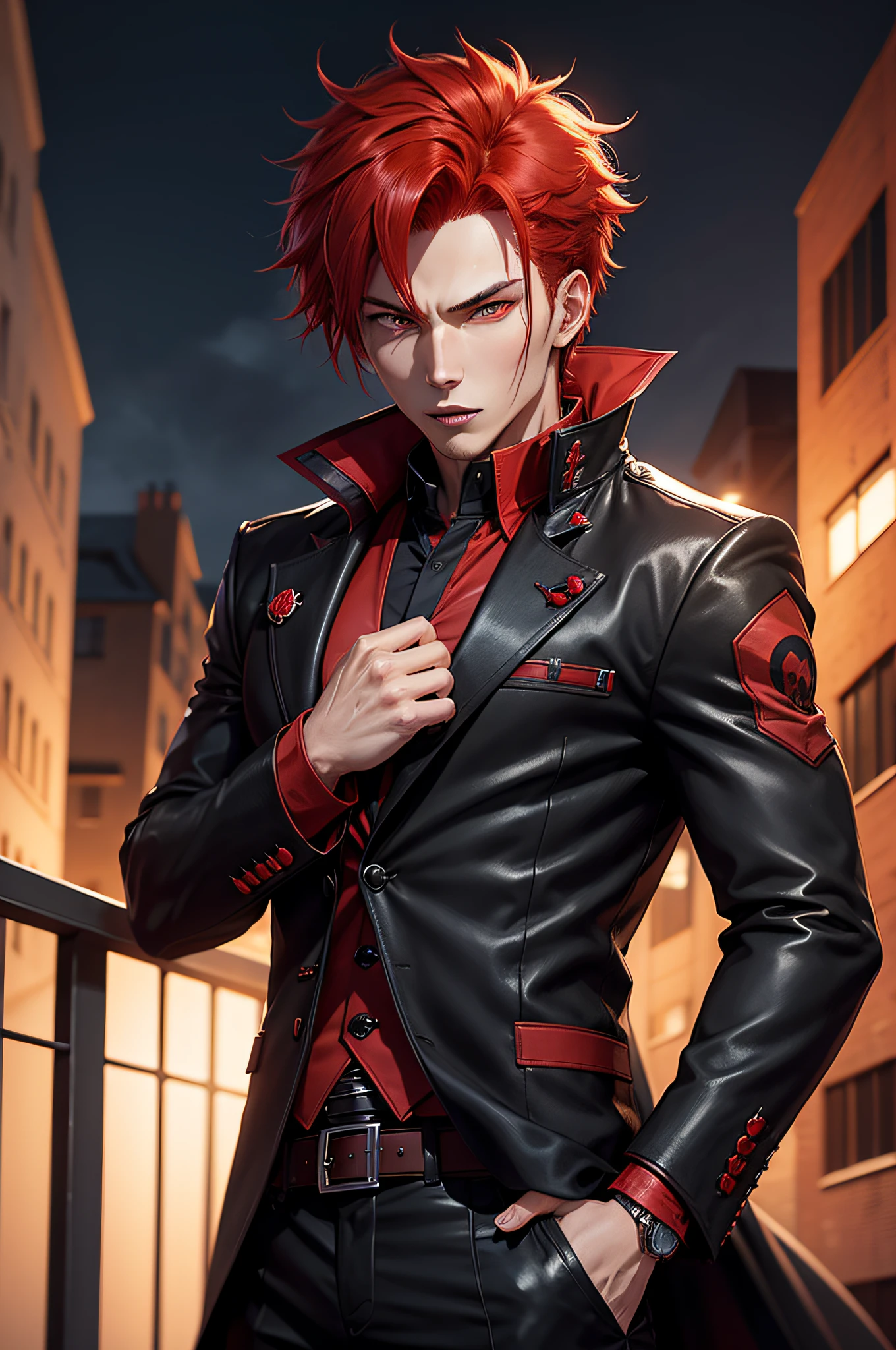 anime character with red hair and a black jacket, with red hair, anime handsome man, male anime character, 1boy, solo, suoh mikoto, k project, (((vampire))), insanity, malkavian, city in background, (night), smirk, cowboy shot, dynamic lighting
