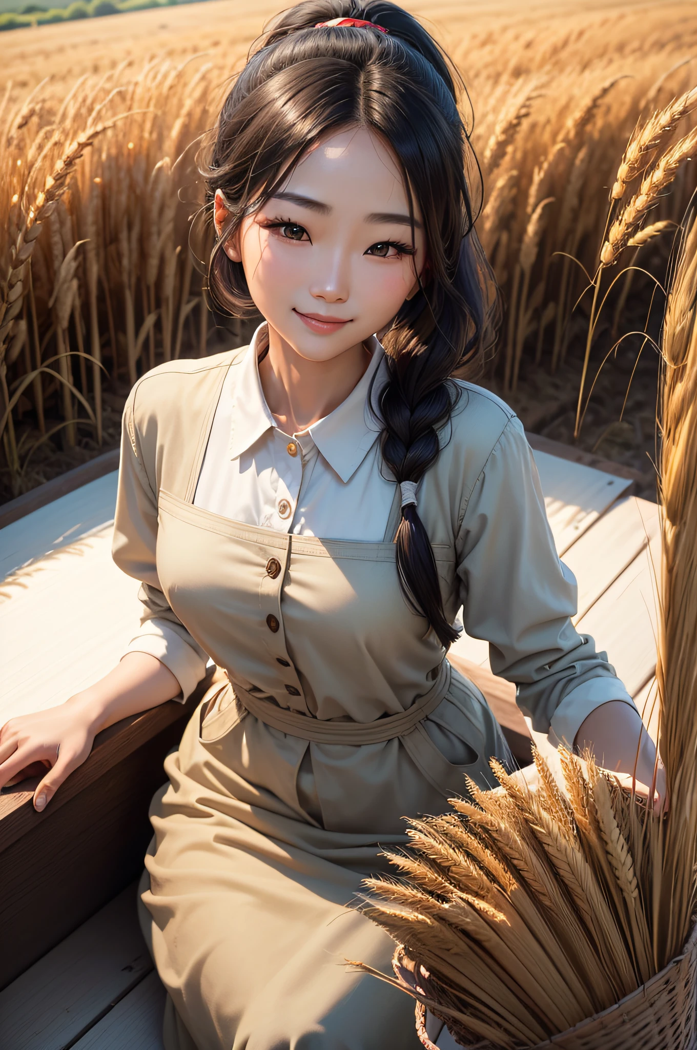 Korean woman, (masterpiece, beautiful person, polluted smile), virtual YouTube, doing farm work in the country, (being (cutting wheat: 1.4)), fertilizing, weeding, plain face, no makeup, country girl, ponytail, detailed skin texture, detailed cloth texture, fine and detailed face. Masterpiece, slim waist, slim body.