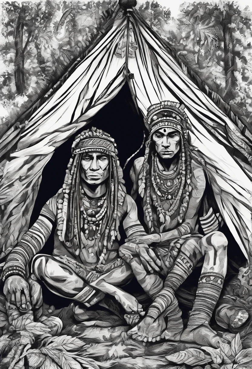 tribal man and woman in a tent in a forest