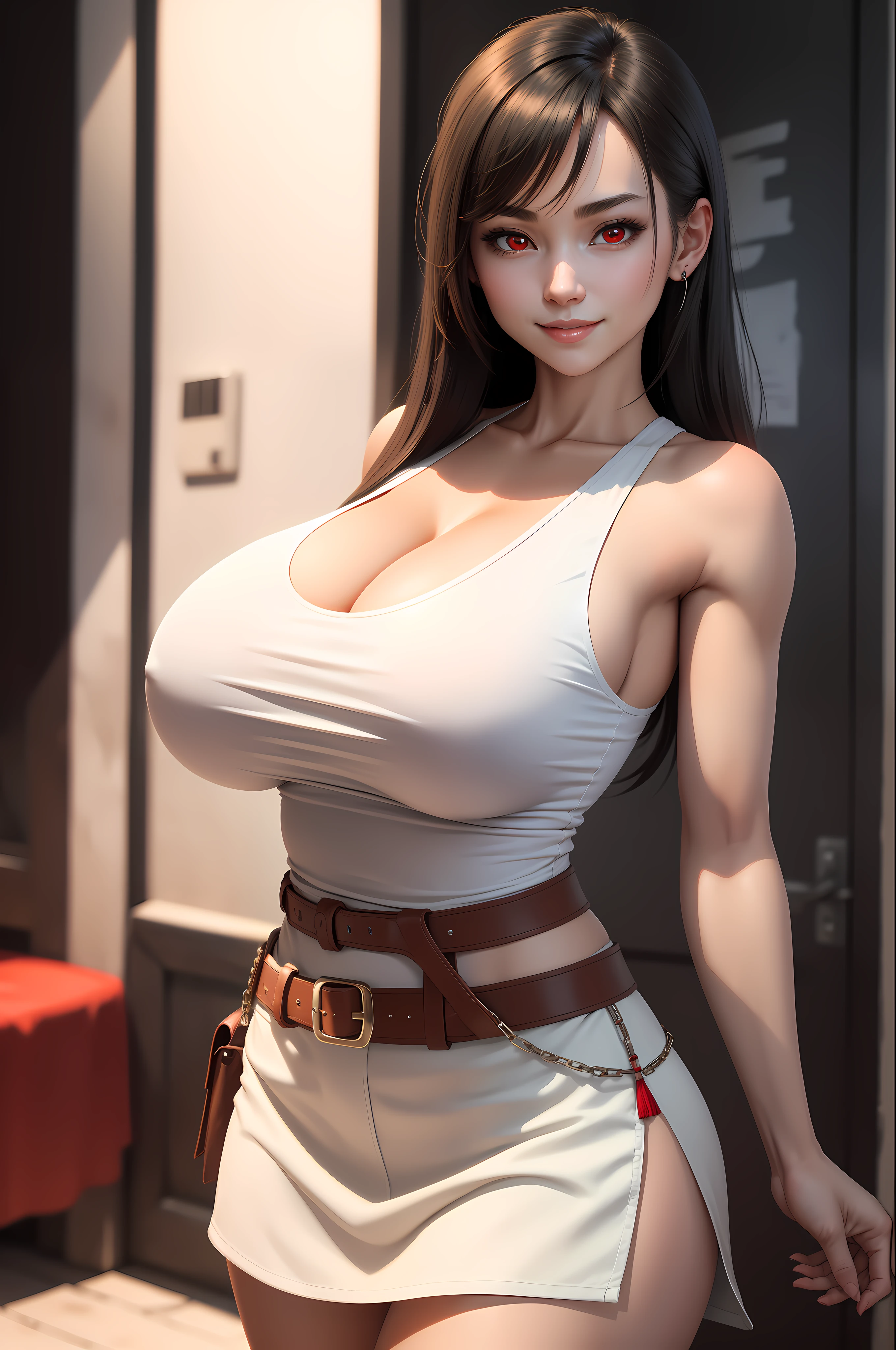 Highly detailed, High Quality, Masterpiece, beautiful, TifaOG, white tank top, black miniskirt, 1girl, solo, cowboy shot, light smile, arm behind back, red eyes (very huge breasts) sfw, covered breasts