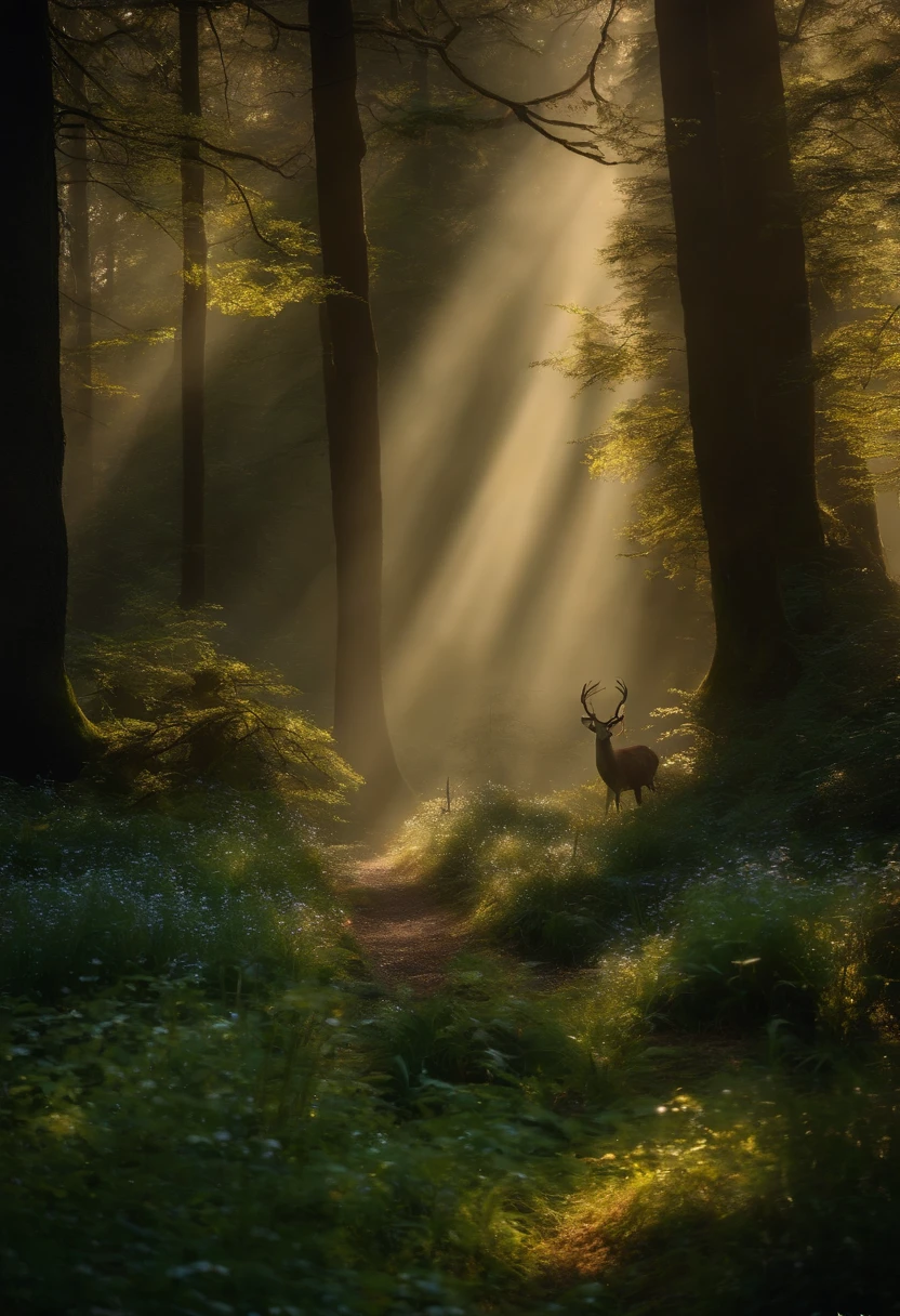 (Enchanted Forest 7,Magical creatures,(glowing mushrooms),sparkling waterfalls,fantasy,Leonora Carrington,a fantasy forest,Hazy perspective,sunlight filtering through the trees,(Glowing sika deer),Rich in color,distribution,light and shadow effect,k hd,tmasterpiece,Detailed details,depth of fields