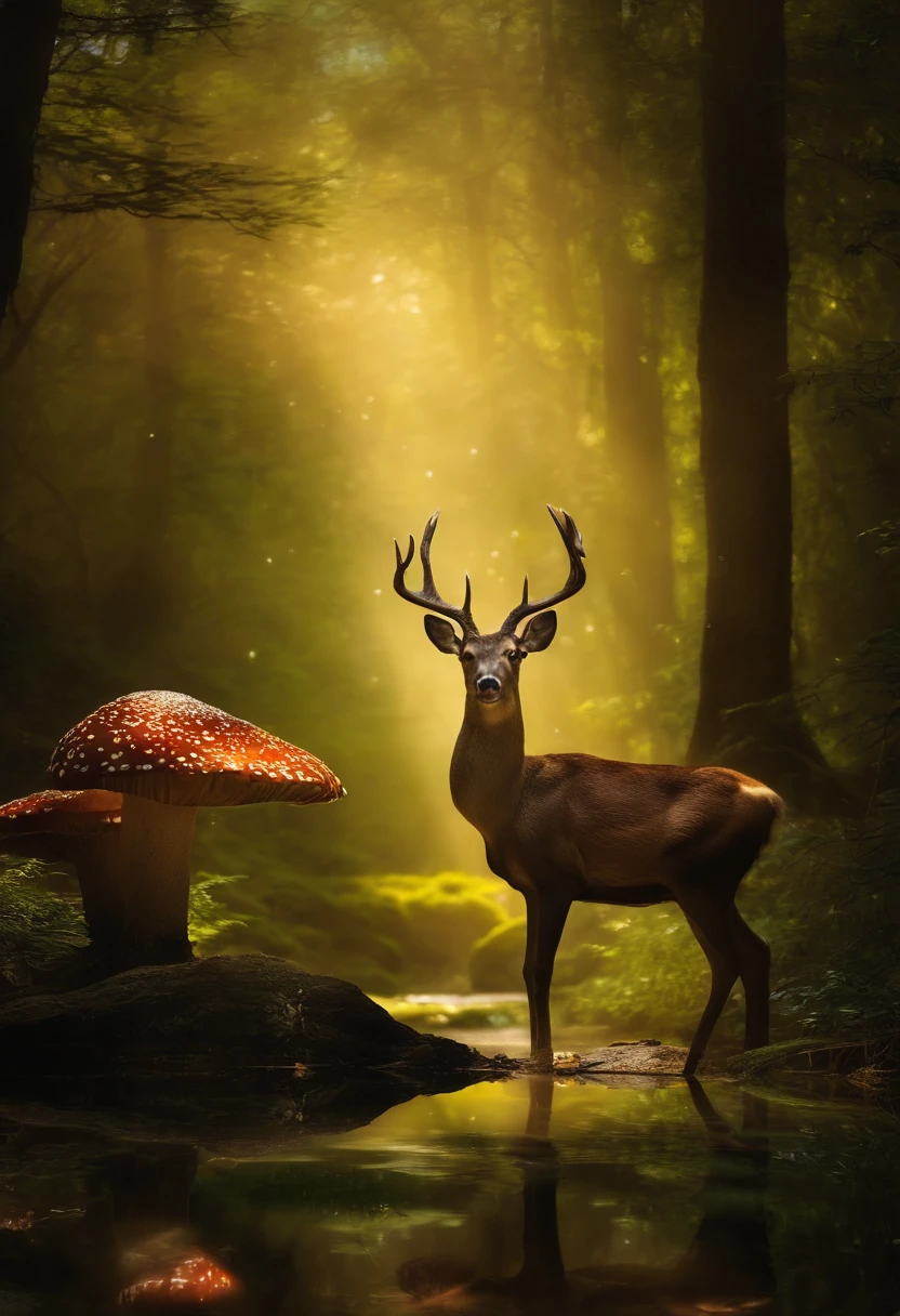 (Enchanted Forest 7,Magical creatures,(glowing mushrooms),sparkling waterfalls,fantasy,Leonora Carrington,a fantasy forest,Hazy perspective,sunlight filtering through the trees,(Glowing sika deer),Rich in color,distribution,light and shadow effect,k hd,tmasterpiece,Detailed details,depth of fields