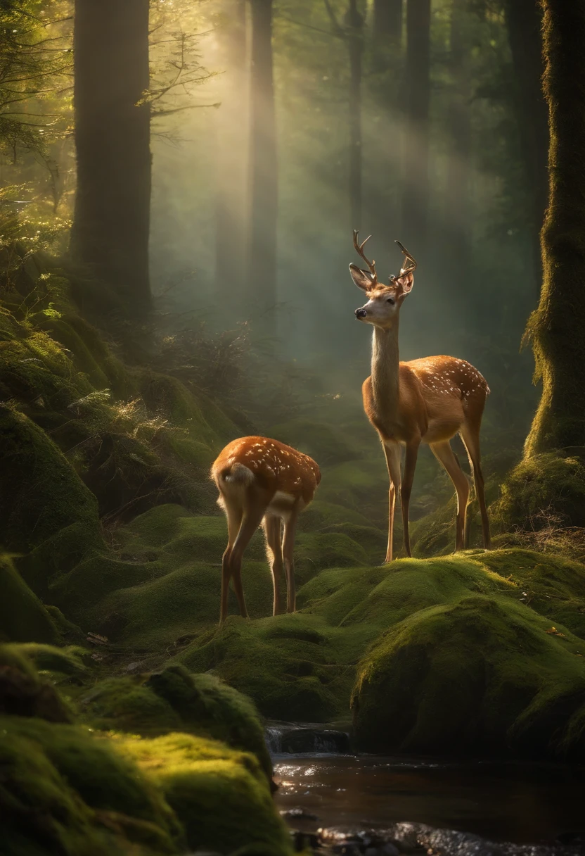 （Enchanted Forest 7，Magical creatures，（glowing mushrooms），sparkling waterfalls，fantasy，Leonora Carrington，a fantasy forest，Hazy perspective，sunlight filtering through the trees，（Glowing sika deer），Rich in color，distribution，light and shadow effect，k hd，tmasterpiece，Detailed details，depth of fields