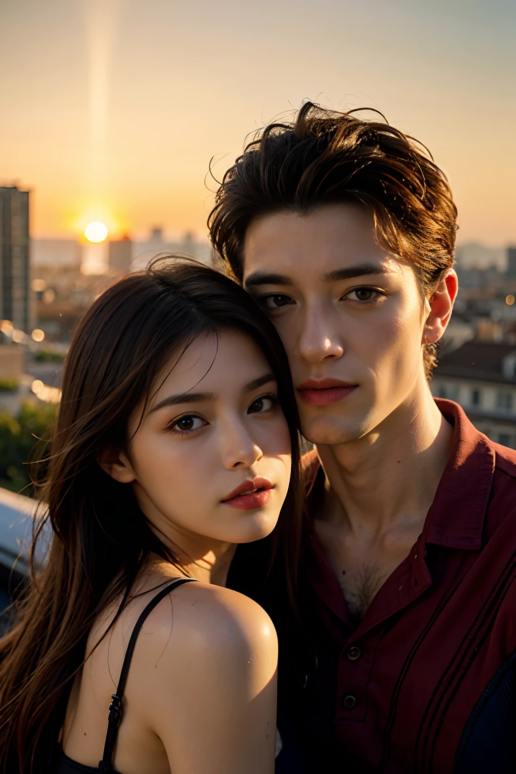 A masterpiece, photorealistic, peter parker as muscular spiderman and mary Jane watson in redhead sexy body, on rooftop between high building, couple portrait, high quality portrait, a bare couple, couples portrait, fine portrait, full protrait, cover shot, merge, love interest, france, herzog de meuron, promotional portrait, dramatic cinematic lighting, sunset light, backlite