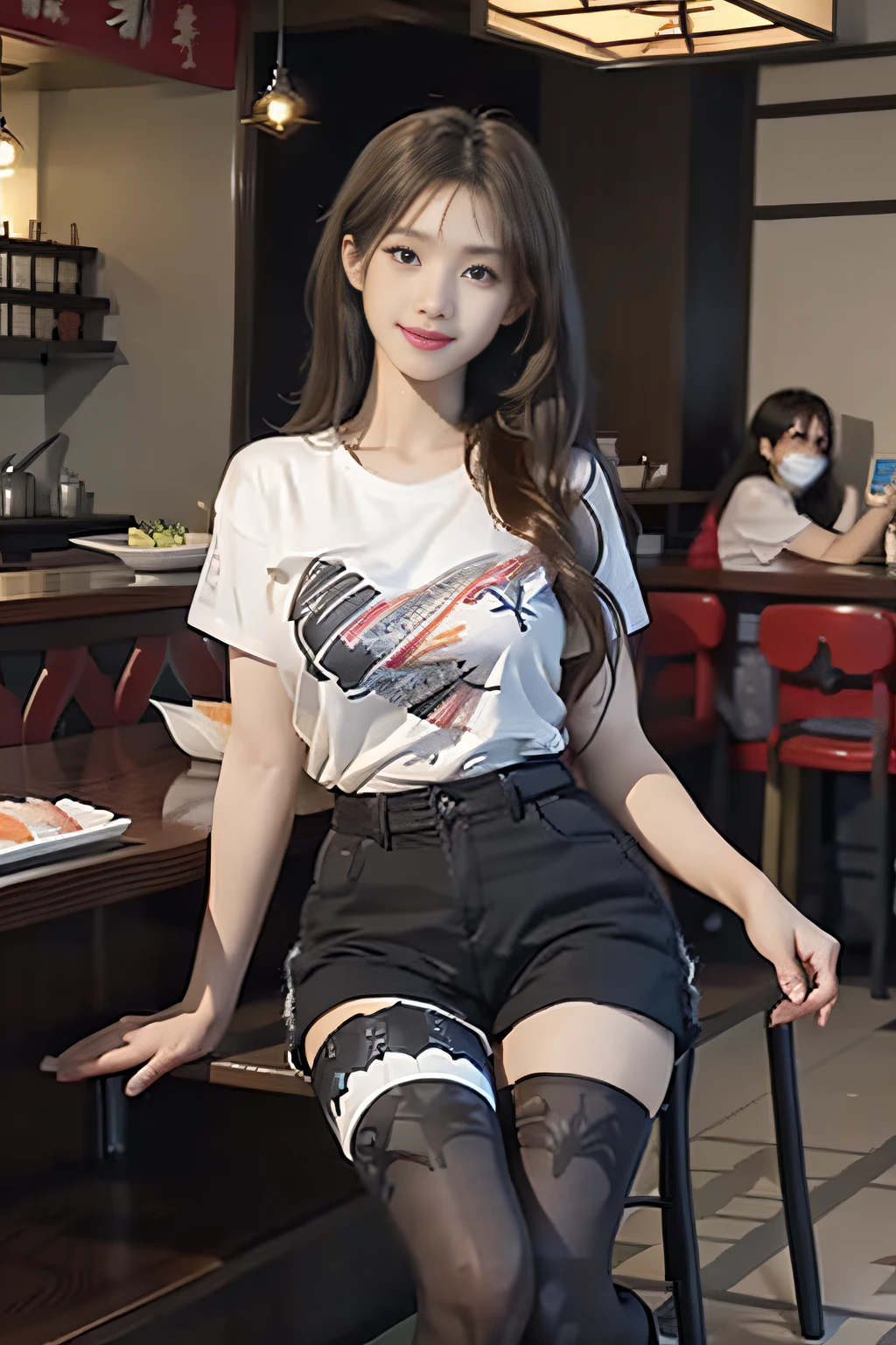 (((1girl in)):1.3),((anatomy correct):1.45),(Manset T-Shirt Shorts)、(Torn low-rise black shorts:1.2),((((((Patterned))))) ,(pantyhose):1.3),( Camel colored boots:1.1),Structurally correct, high detailing, super detailing、((A smile))、((Take a seat at the counter))、full body Esbian、Beautiful Face Woman、32years old、((very Bigger breasts))、pointed chest、long eyeslashes、Colorcon、Big 、Very detailed eyes、Highly detailed eyebrows、(Sharp Eyebrows)、(Thin eyebrows)、Japan sushi restaurant、Sushi on the counter、(sit a chair)、(((Sushi restaurant counter)))、brunette disheveled hair