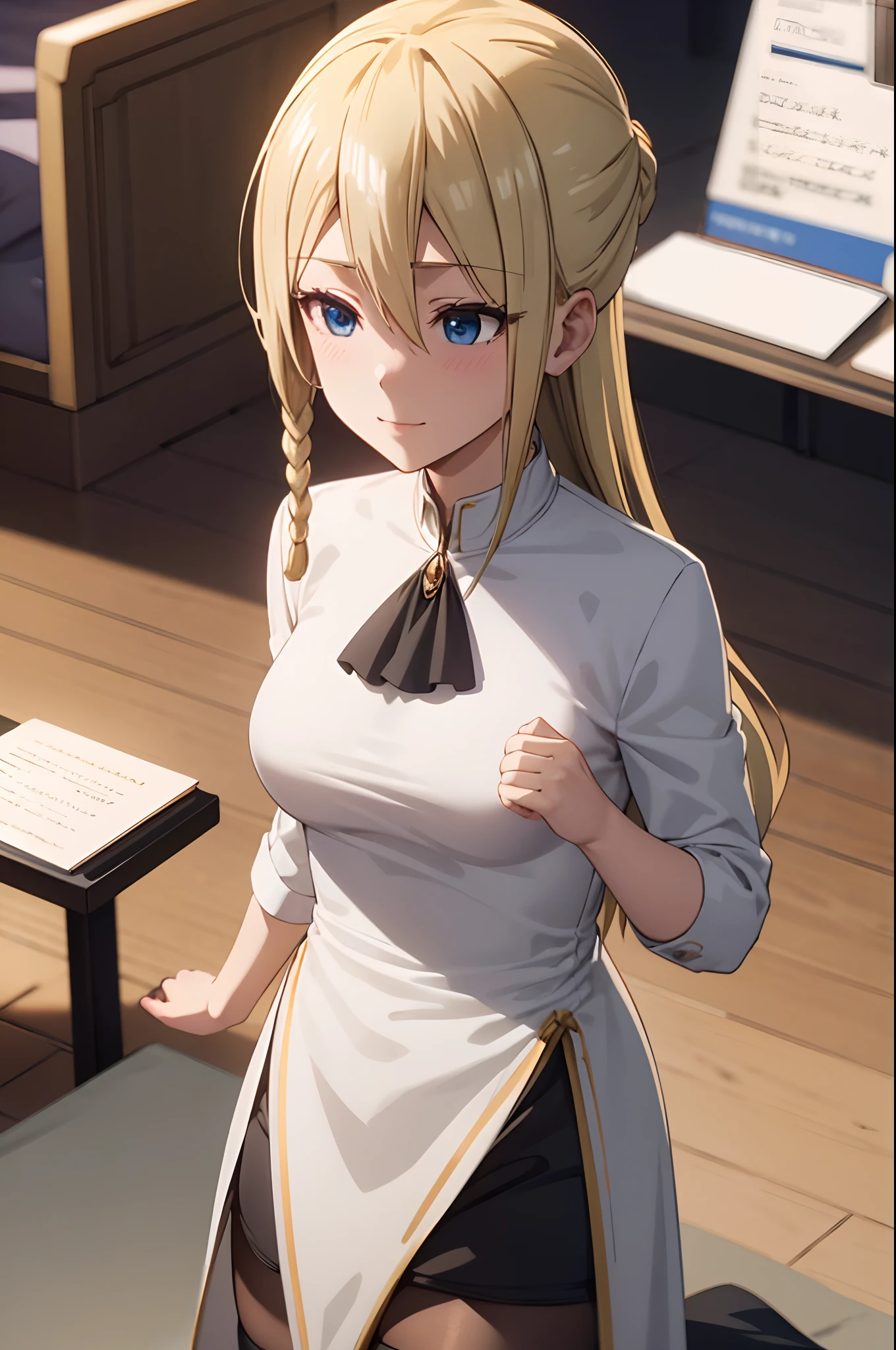 blonde hair, blue eyes,masterpiece, best quality, ultra-detailed, glistening shiny, glowing light, ray tracing, HDR, deph of field, (perfect face, detailed face, detailed eyes,perfect hands,perfect fingers), 8k,HD,ultra realistic face,ray tracing,perfect lighting,best quality, ultra-detailed, looking at viewer, blush, smile, aasato, long hair, half updo, braid, hair between eyes, ear ornament, horse tail, breasts, frills, black ascot, green dress, (sleeves past wrists:1.2), black thighhighs,