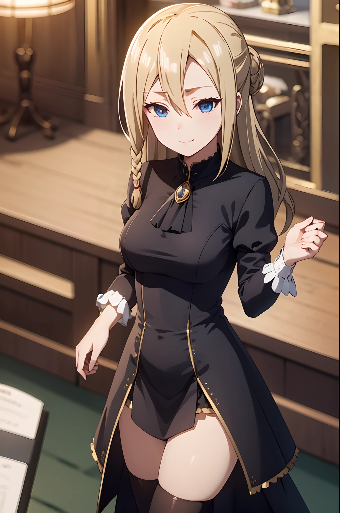 blonde hair, blue eyes,masterpiece, best quality, ultra-detailed, glistening shiny, glowing light, ray tracing, HDR, deph of field, (perfect face, detailed face, detailed eyes,perfect hands,perfect fingers), 8k,HD,ultra realistic face,ray tracing,perfect lighting,best quality, ultra-detailed, looking at viewer, blush, smile, aasato, long hair, half updo, braid, hair between eyes, ear ornament, horse tail, breasts, frills, black ascot, green dress, (sleeves past wrists:1.2), black thighhighs,